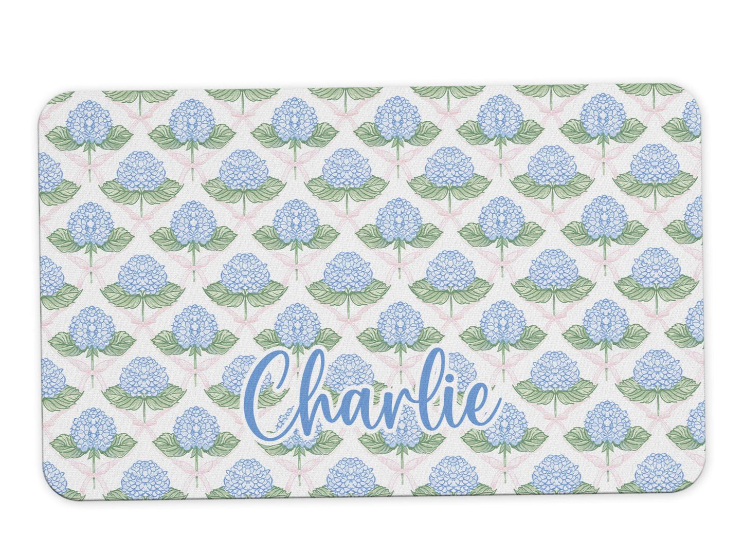 Name Desk Pad, Personalized Mouse Pad, Blue Hydrangea, Pink Bow Coquette Desk Office Decor, Large Desk Blotter, Mousepad, Office Gifts