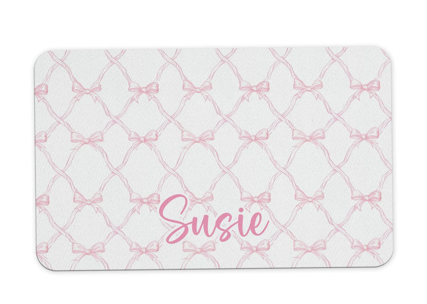 Personalized Dog Food Mat with Blue Hydrangea and Coquette Bow Patterns