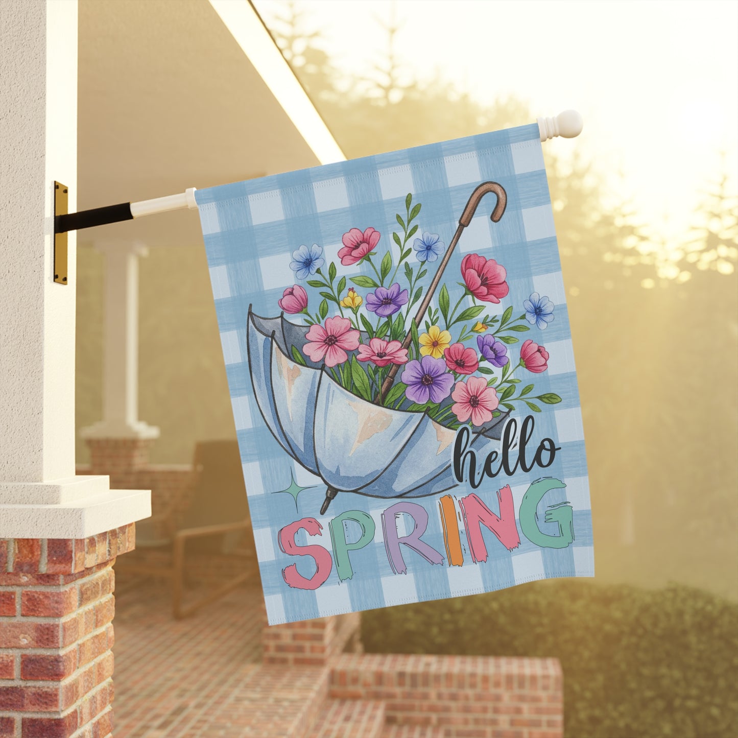 Hello Spring Garden Flag, Decorative Outdoor Banner for Home & Garden, Floral Yard Sign, Outdoor House Flag, Umbrealla Bouquet Home Decor