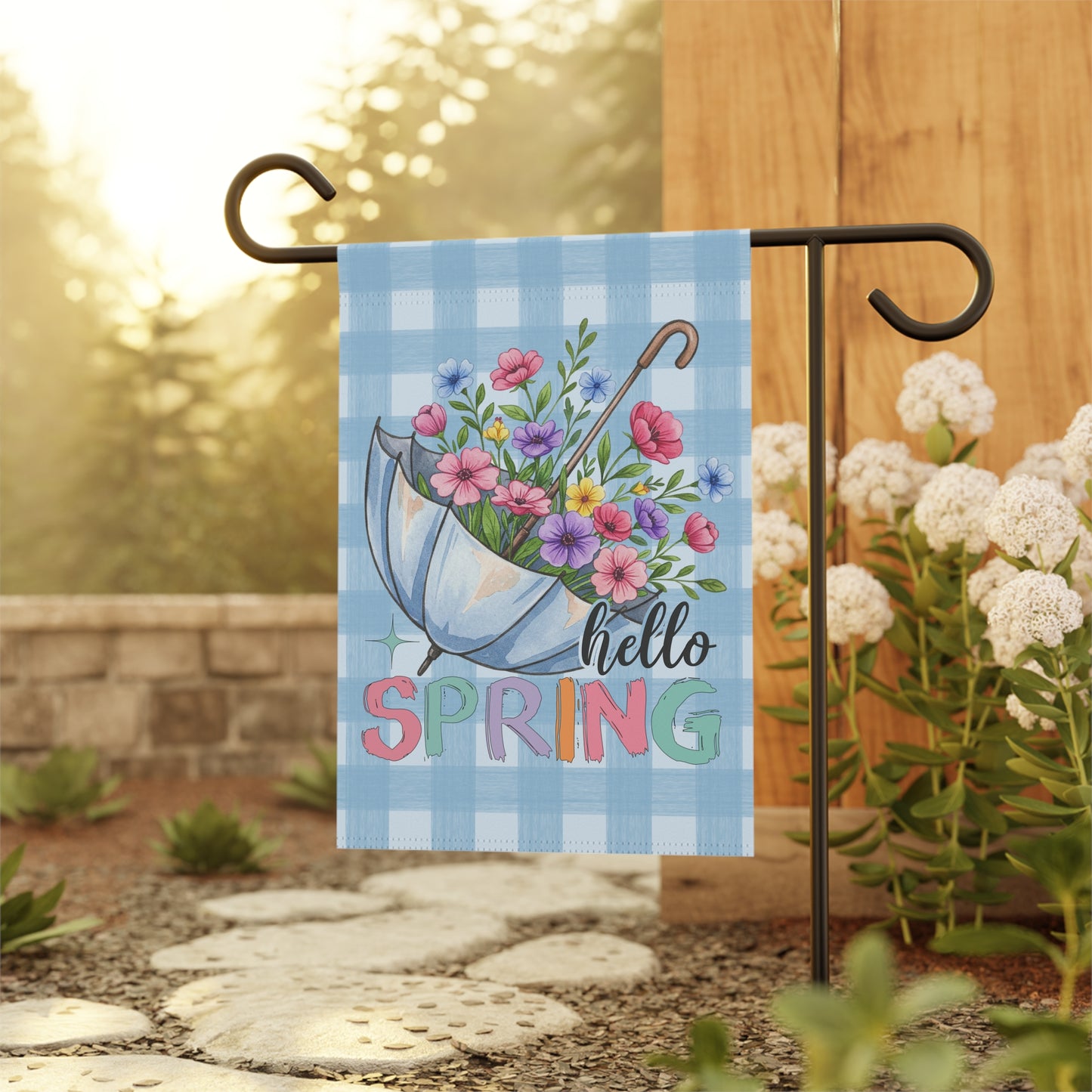 Hello Spring Garden Flag, Decorative Outdoor Banner for Home & Garden, Floral Yard Sign, Outdoor House Flag, Umbrealla Bouquet Home Decor