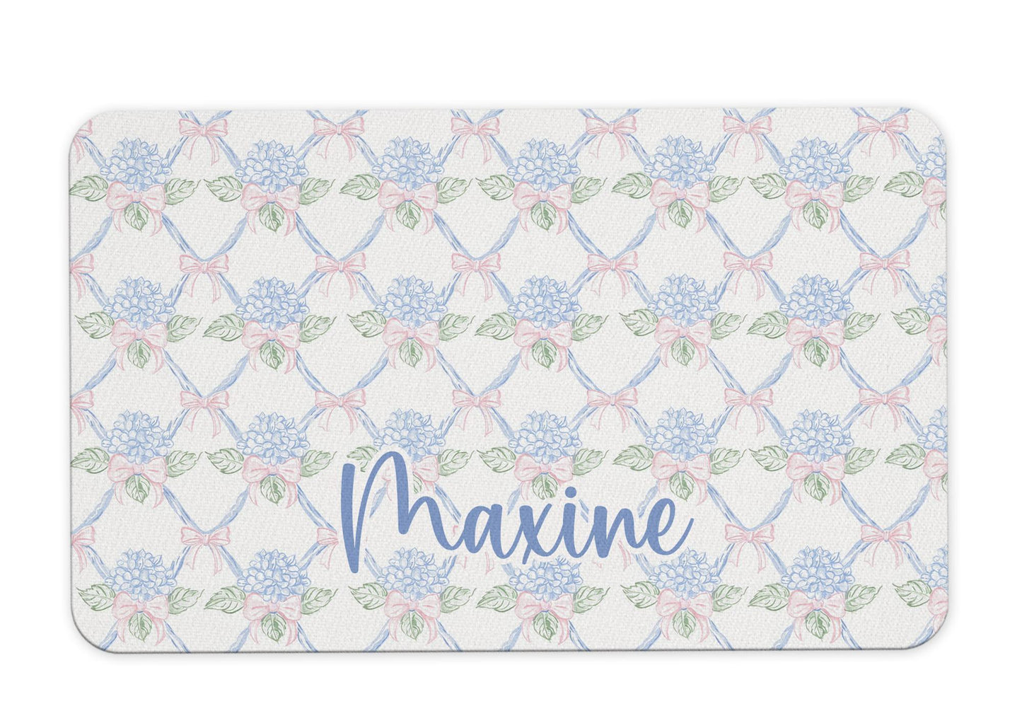 Personalized Dog Food Mat with Blue Hydrangea and Coquette Bow Patterns