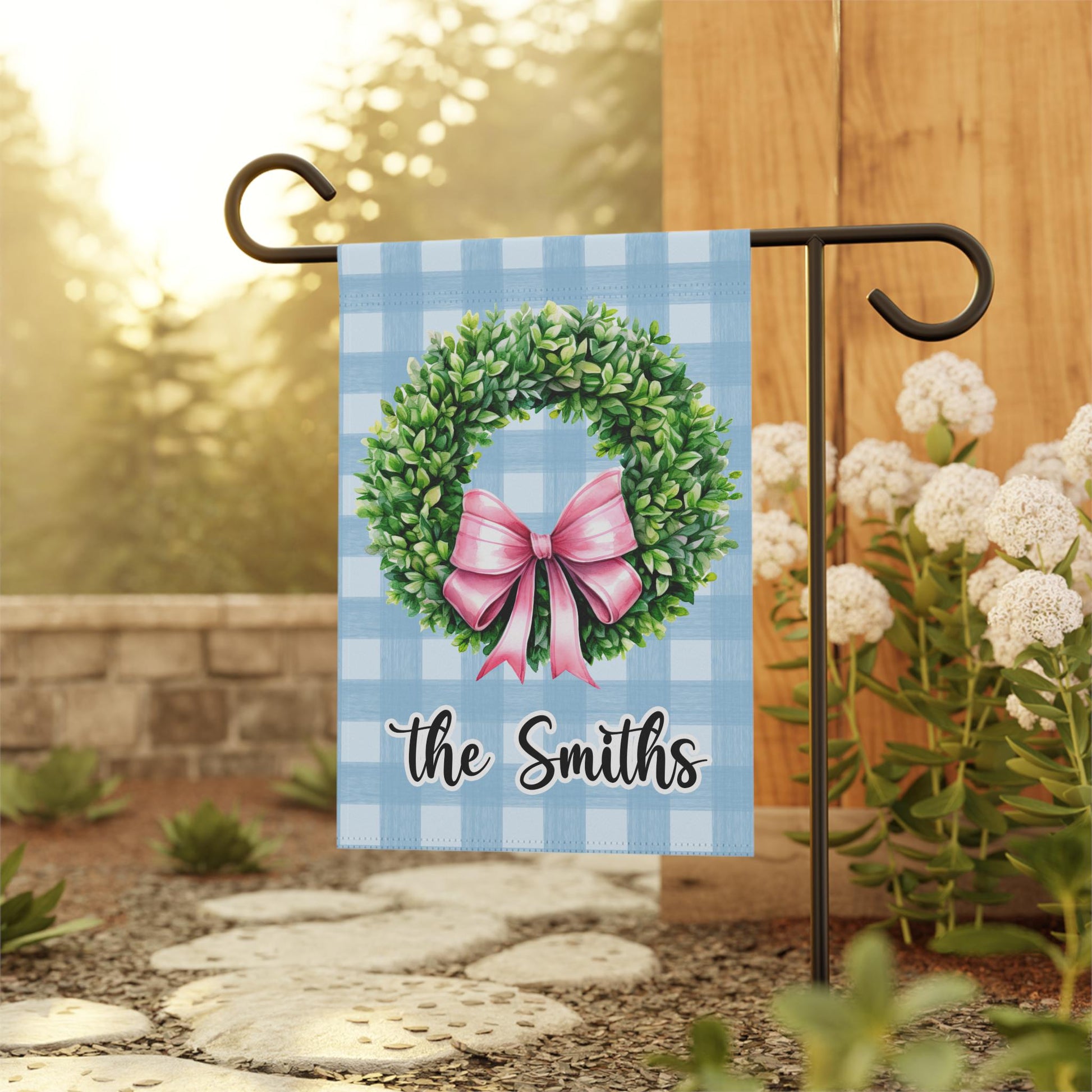 Boxwood Wreath with Coquette Preppy Bow Blue Plaid Garden and House Flag Garden Flag