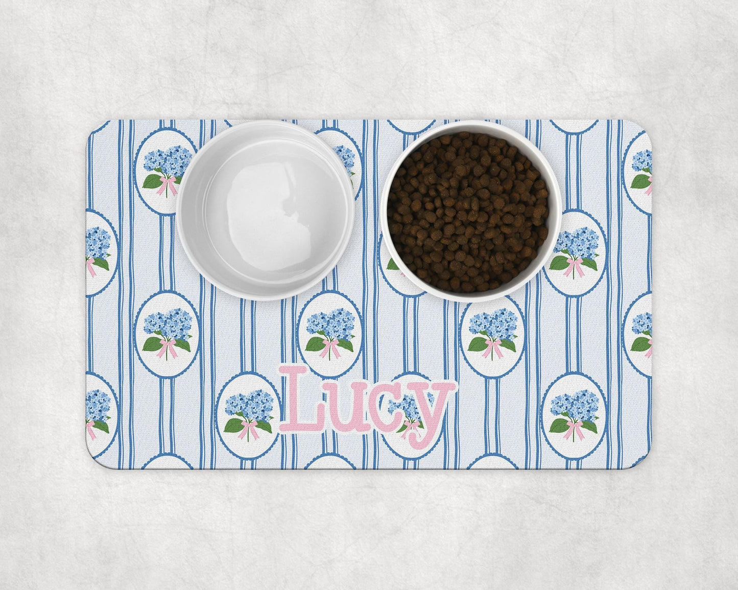 Personalized Dog Food Mat in Preppy Blue Hydrangea Pattern Pet Mats