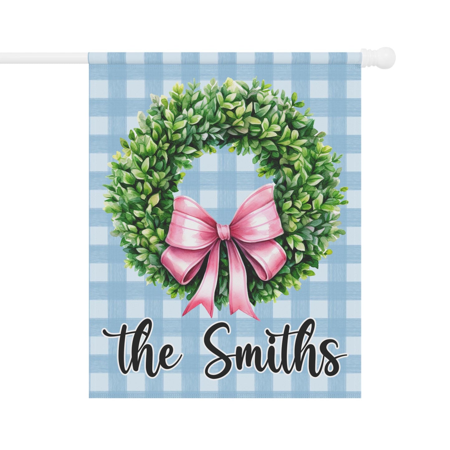 Boxwood Wreath with Coquette Preppy Bow Blue Plaid Garden and House Flag Garden Flag