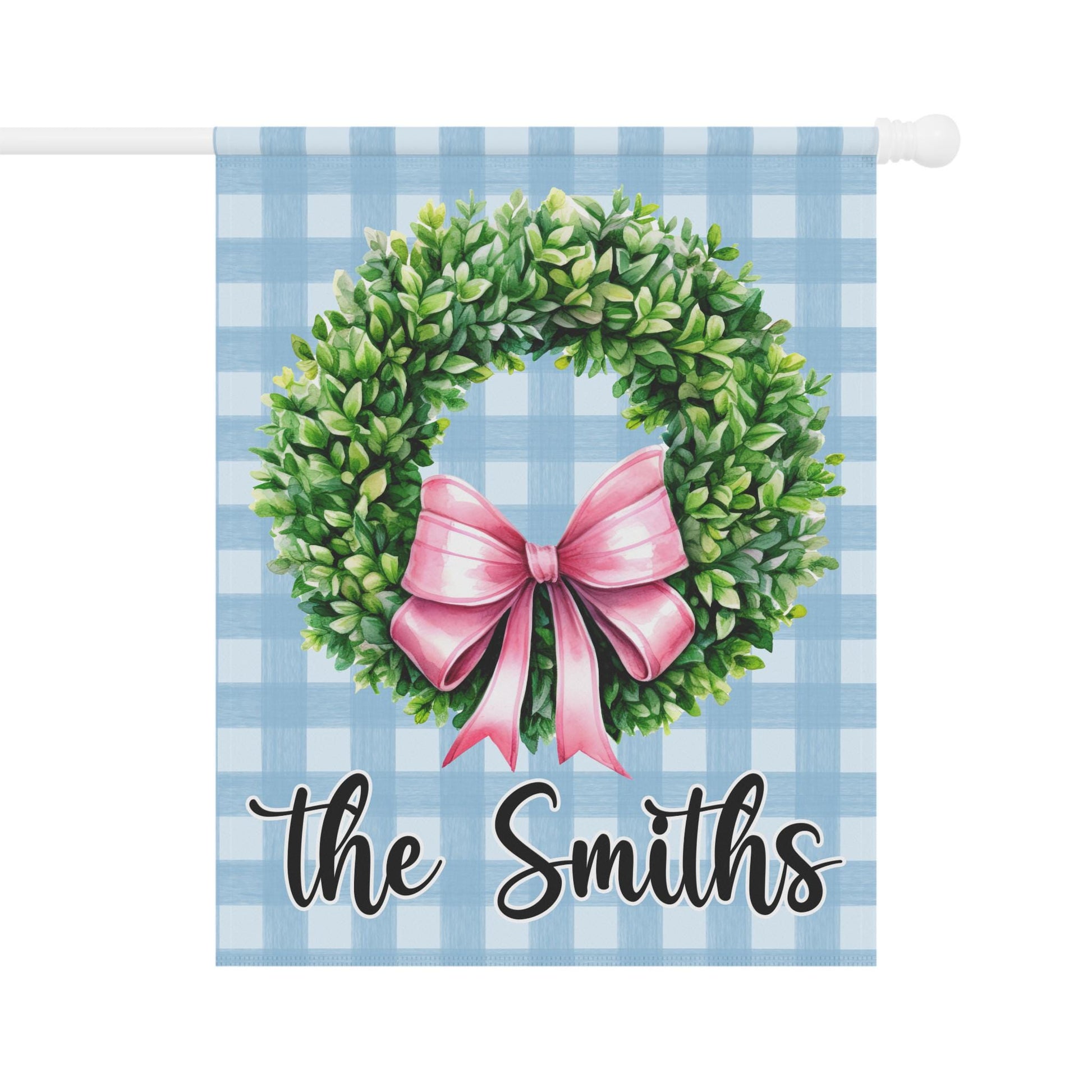 Boxwood Wreath with Coquette Preppy Bow Blue Plaid Garden and House Flag Garden Flag