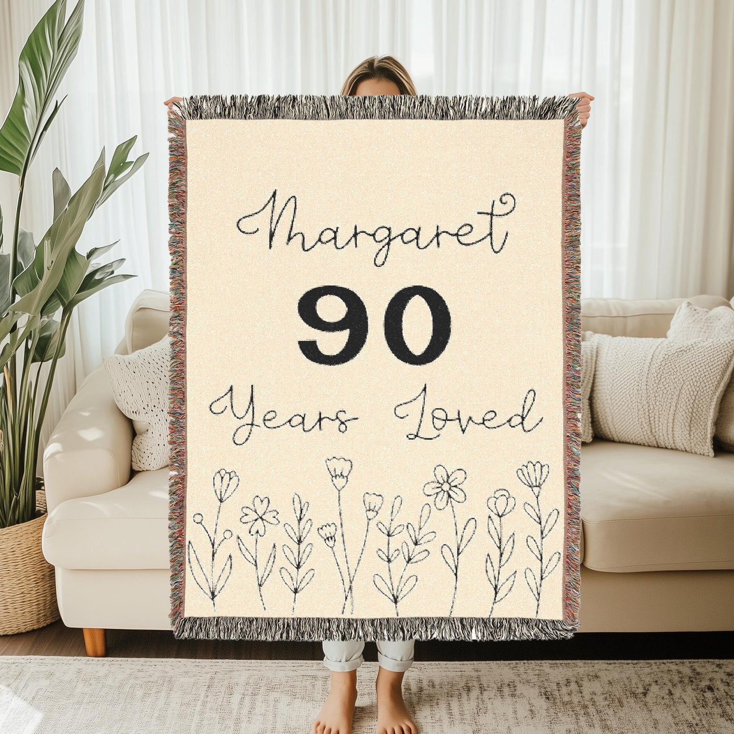 90th Birthday Woven Blanket - Personalized Gift for Grandparent, Birthday Present for Elderly, Milestone Celebration Throw Blanket, Custom Blankets