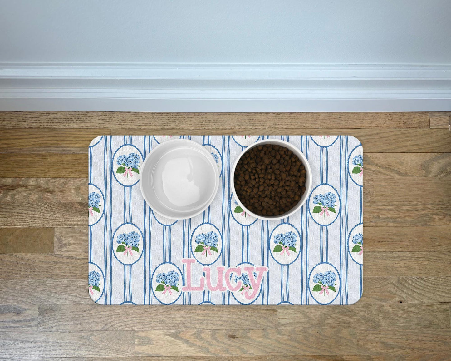 Personalized Dog Food Mat in Preppy Blue Hydrangea Pattern Pet Mats