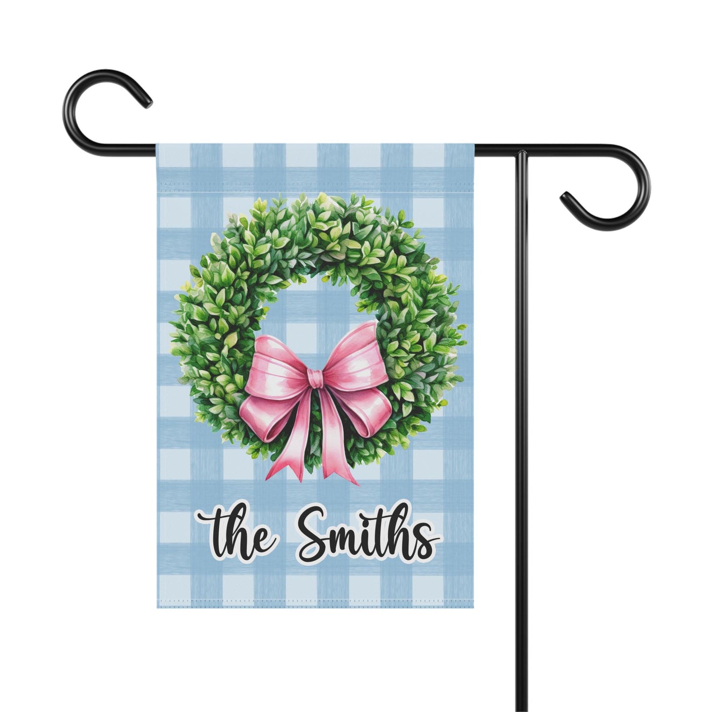 Boxwood Wreath with Coquette Preppy Bow Blue Plaid Garden and House Flag Garden Flag
