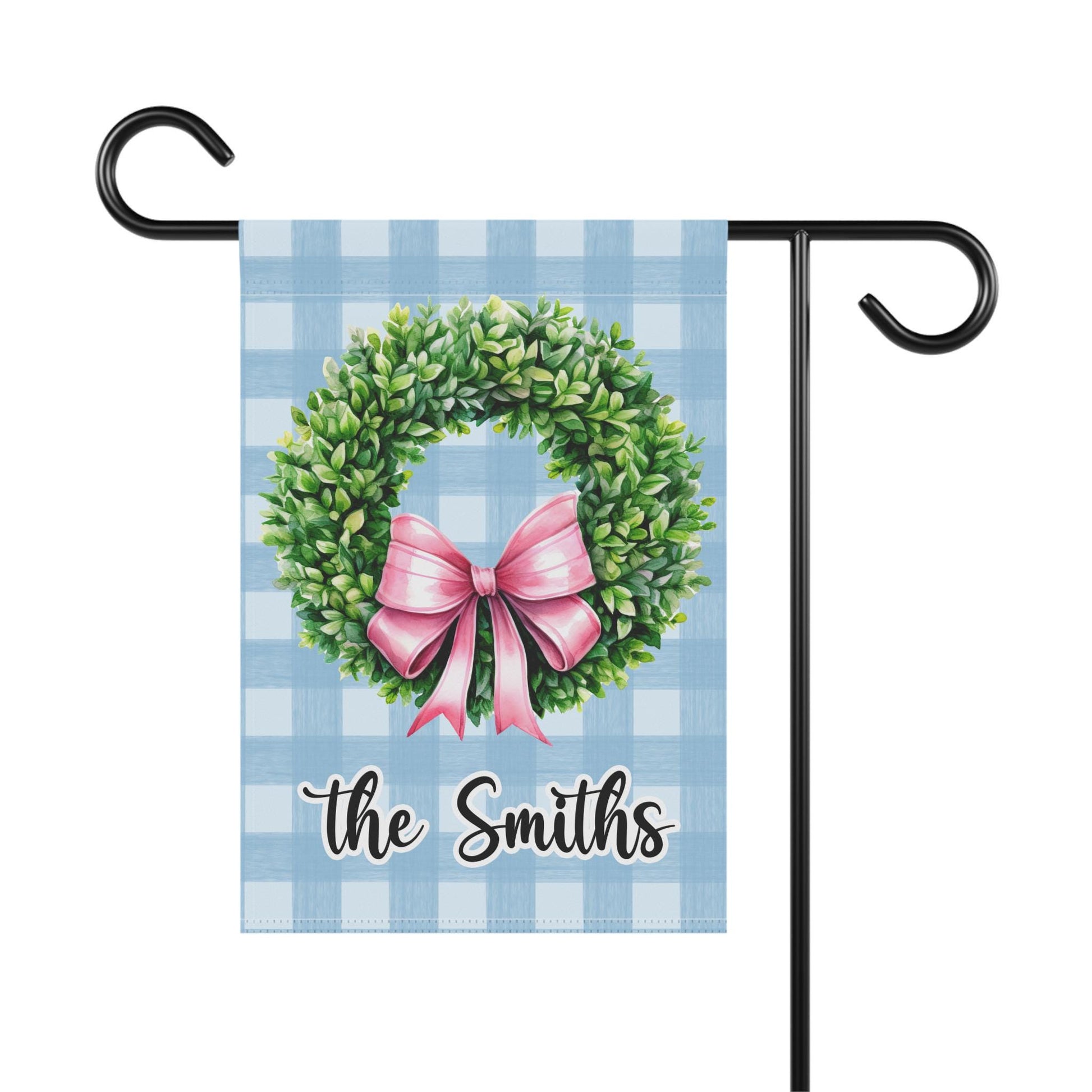 Boxwood Wreath with Coquette Preppy Bow Blue Plaid Garden and House Flag Garden Flag