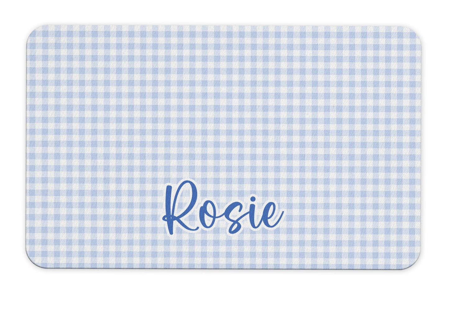 Personalized Dog Food Mat with Blue Hydrangea and Coquette Bow Patterns
