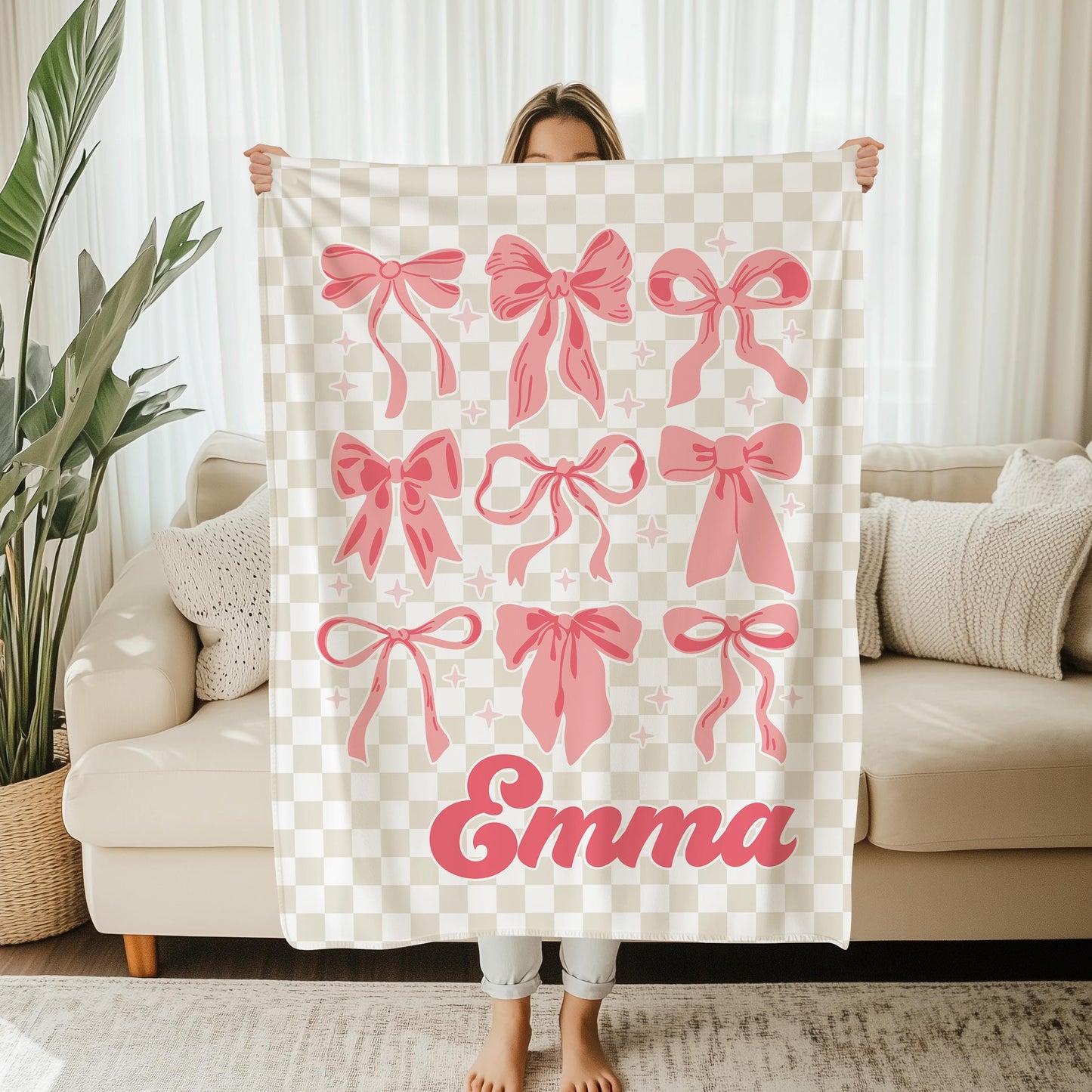 Personalized Pink Bow Minky Blanket - Custom Preppy Throw for Girls Room Physical