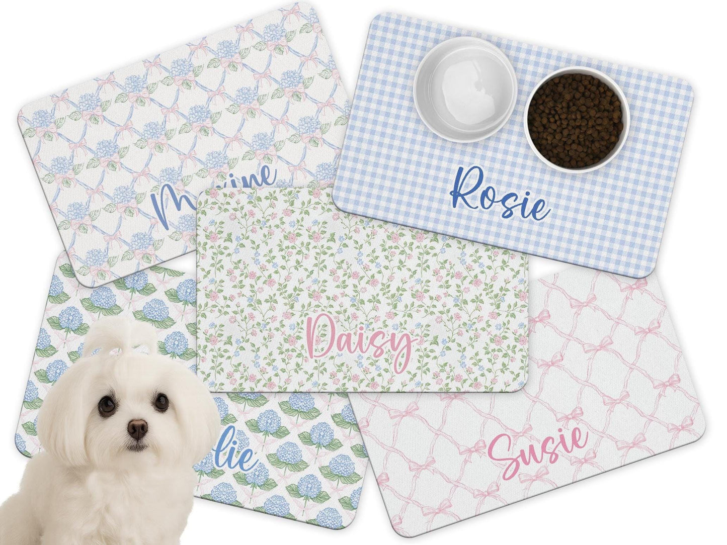Personalized Dog Food Mat with Blue Hydrangea and Coquette Bow Patterns