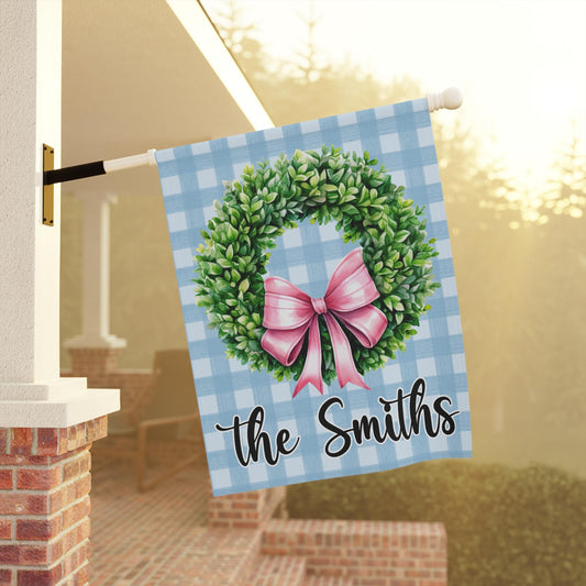 Boxwood Wreath with Coquette Preppy Bow Blue Plaid Garden and House Flag Garden Flag