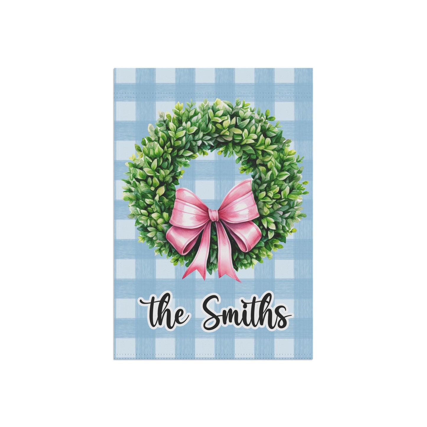 Boxwood Wreath with Coquette Preppy Bow Blue Plaid Garden and House Flag Garden Flag
