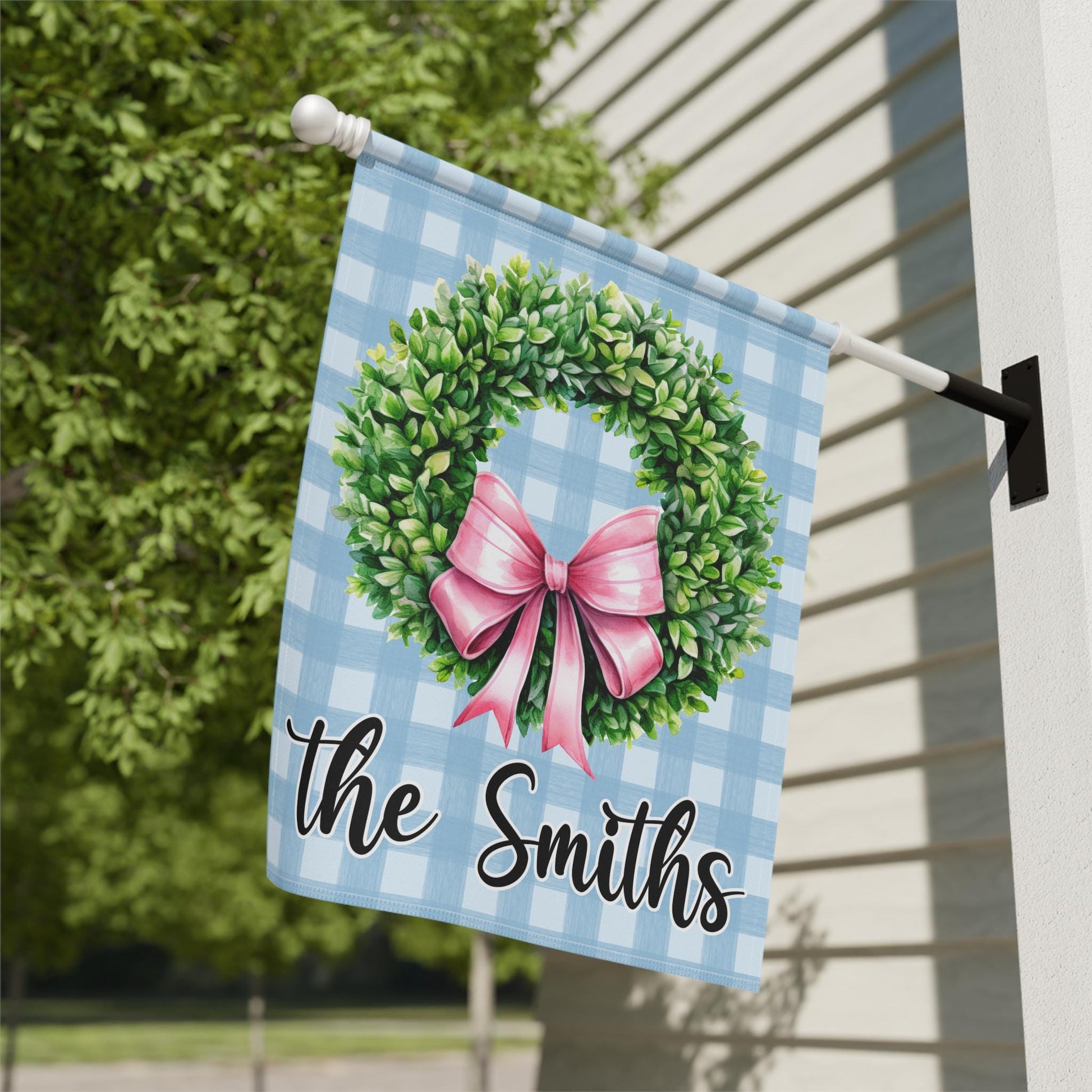 Boxwood Wreath with Coquette Preppy Bow Blue Plaid Garden and House Flag Garden Flag