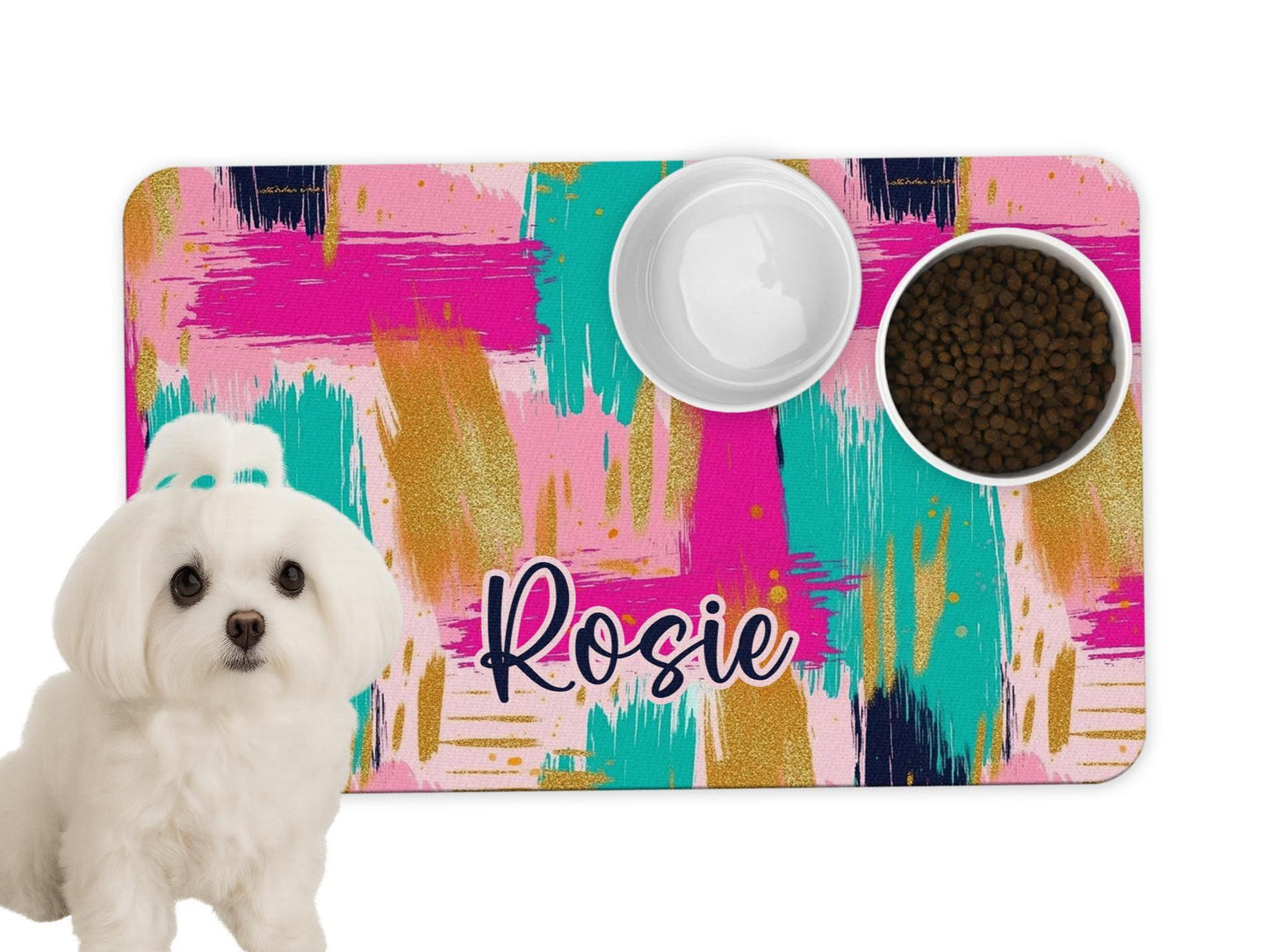 Personalized Pet Food Mat in Pink, Teal and Gold Pet Mats