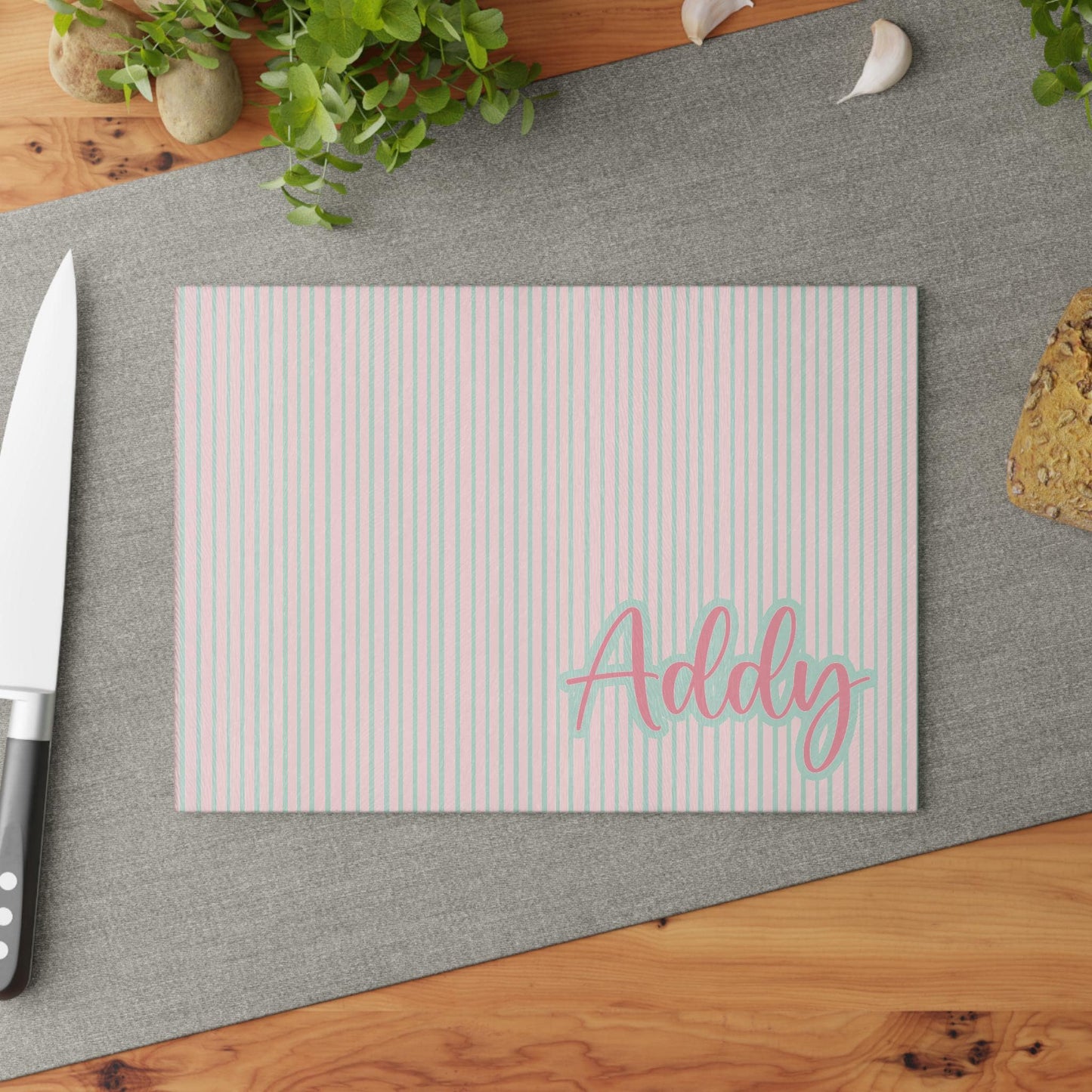 Personalized Glass Cutting Board in Pink Stripes