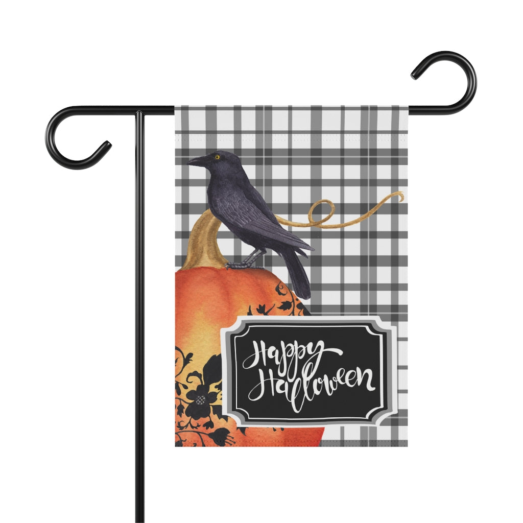 Happy Halloween Garden Flag with Crow on Pumpkin