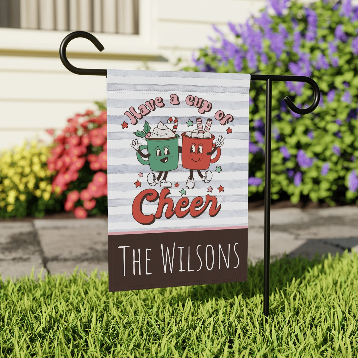 Cup of Cheer Retro Style Christmas Garden Flag - Personalized