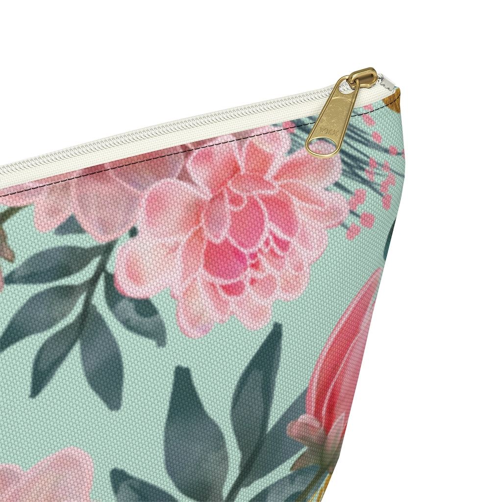 Mint Peony Accessory Pouch w T-bottom, Floral Bag, Flower Make Up Bag Bags