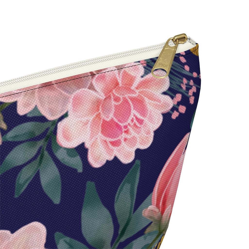 Navy Peony Accessory Pouch w T-bottom, Floral Bag, Flower Make Up Bag Bags