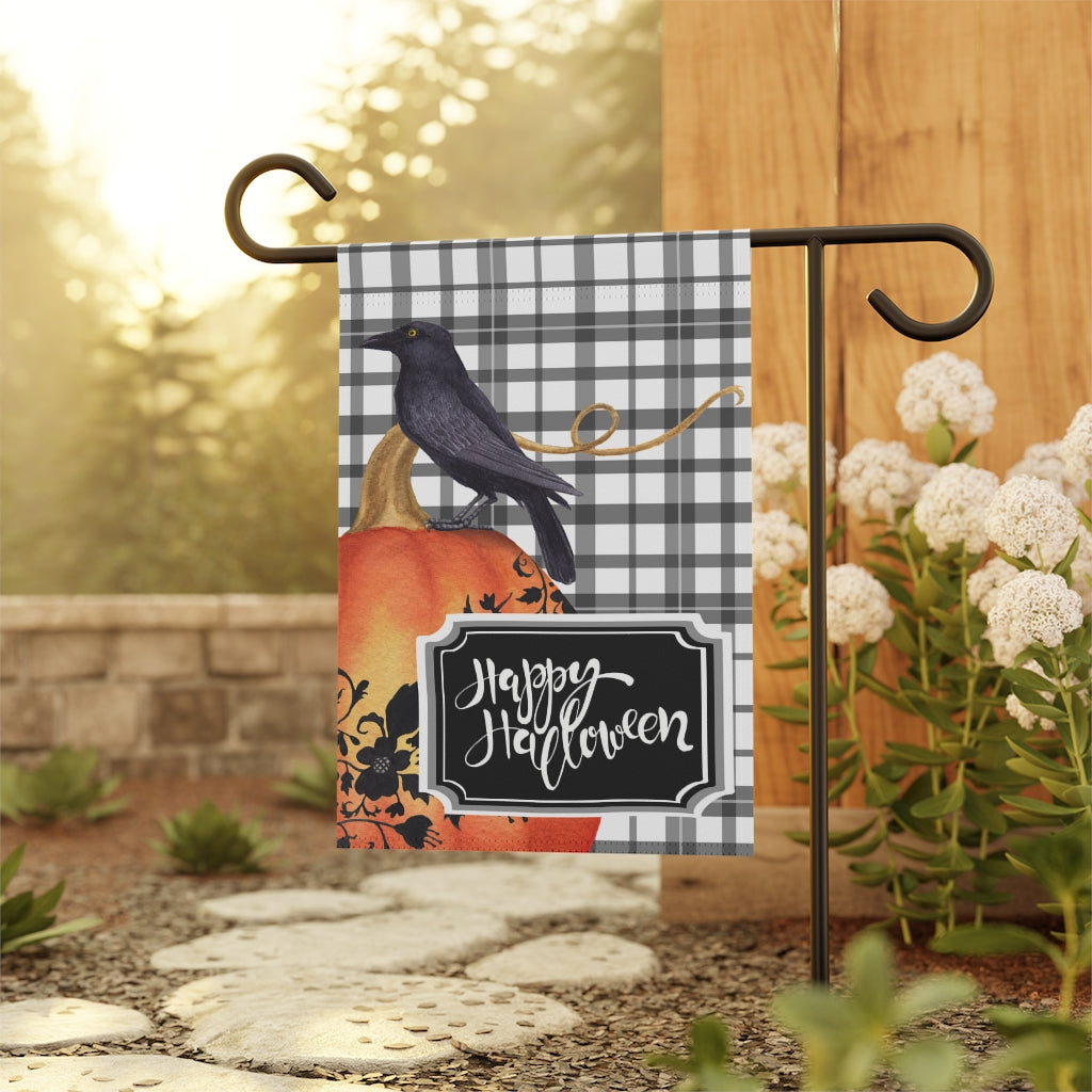 Happy Halloween Garden Flag with Crow on Pumpkin