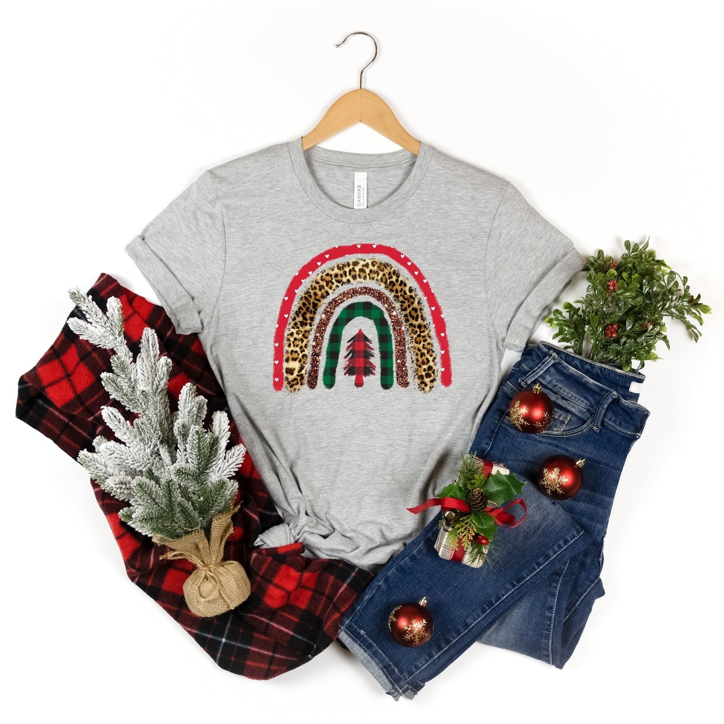 Christmas Rainbow Short Sleeve Tee, Holiday Graphic Tee, Leopard Christmas Shirt T-Shirt
