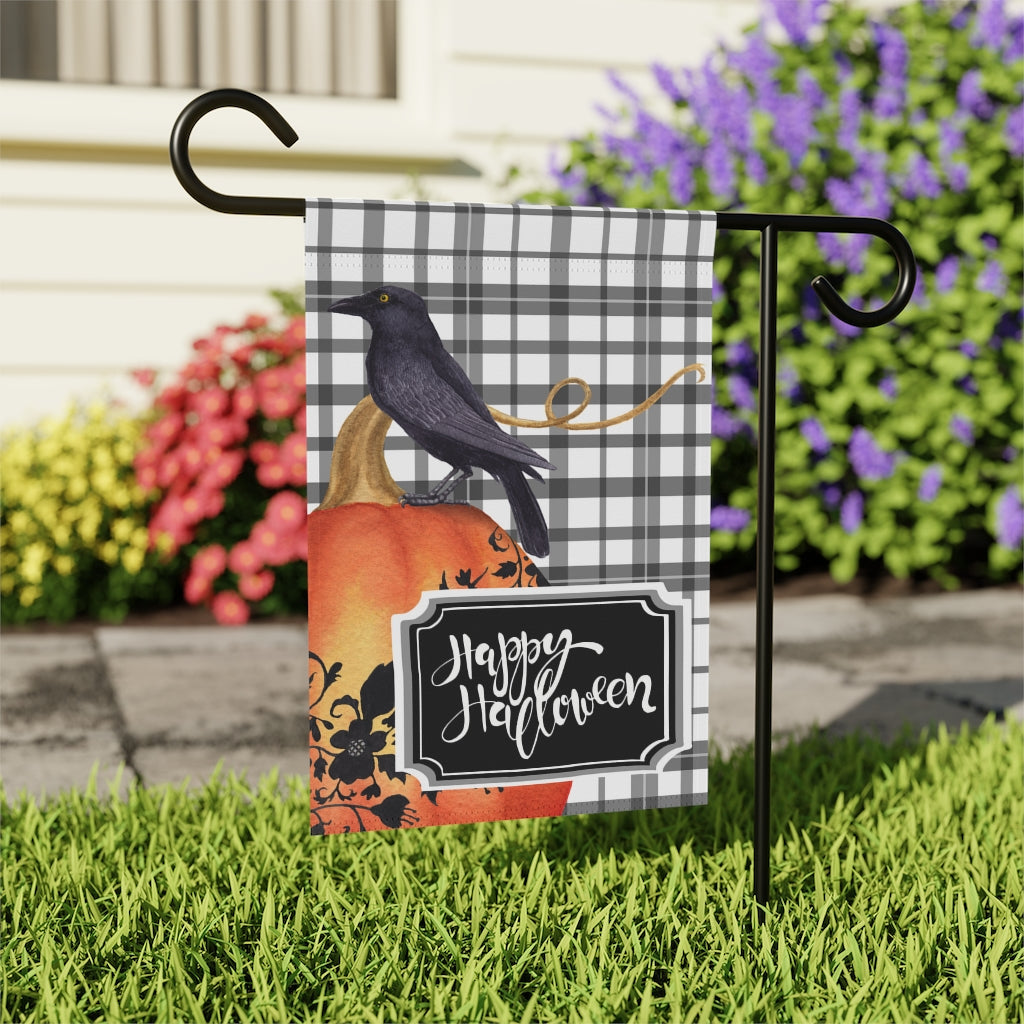 Happy Halloween Garden Flag with Crow on Pumpkin