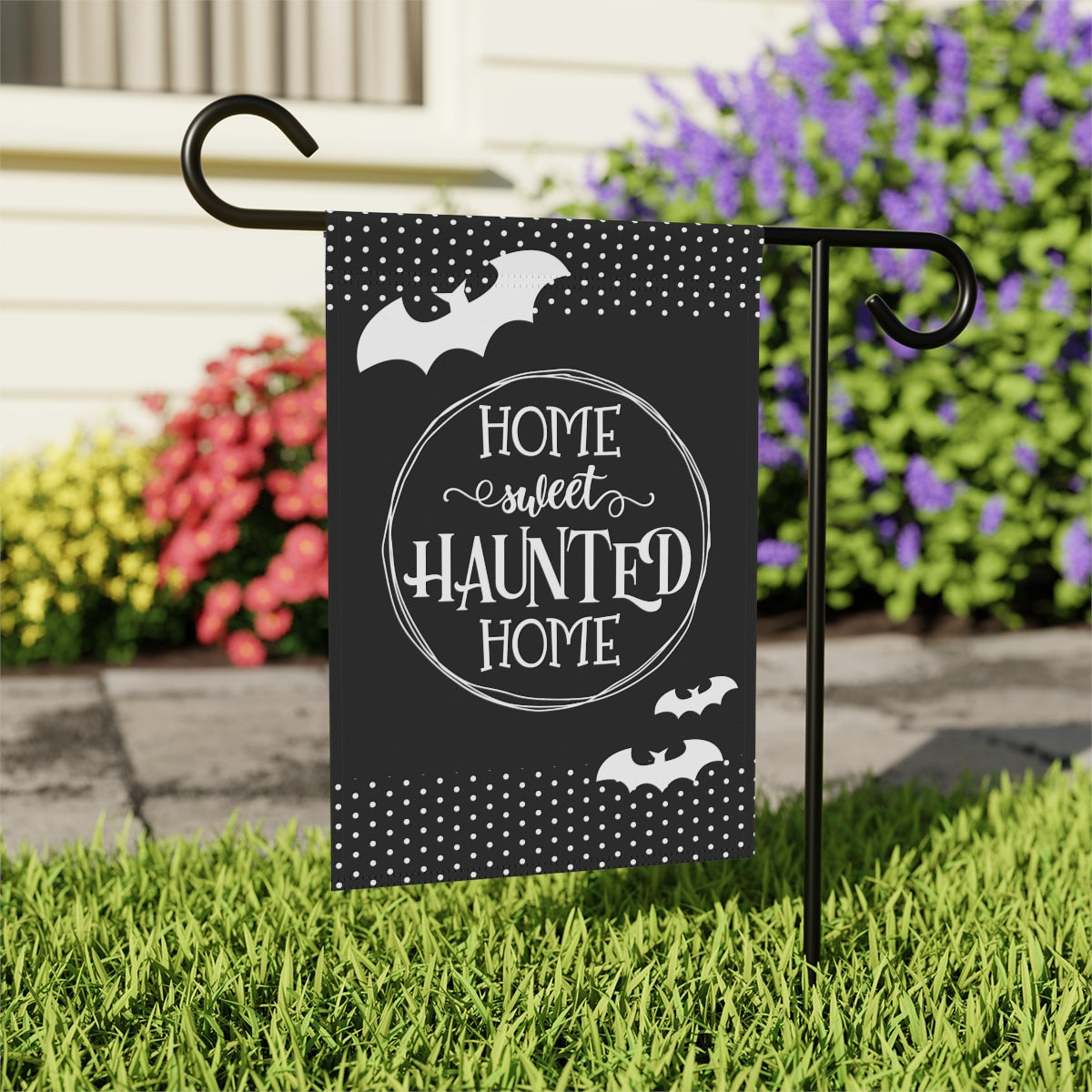 Home Sweet Haunted Home Garden Flag in Black and White with Flying Bats