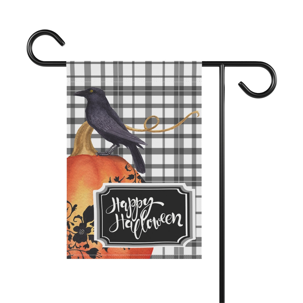 Happy Halloween Garden Flag with Crow on Pumpkin