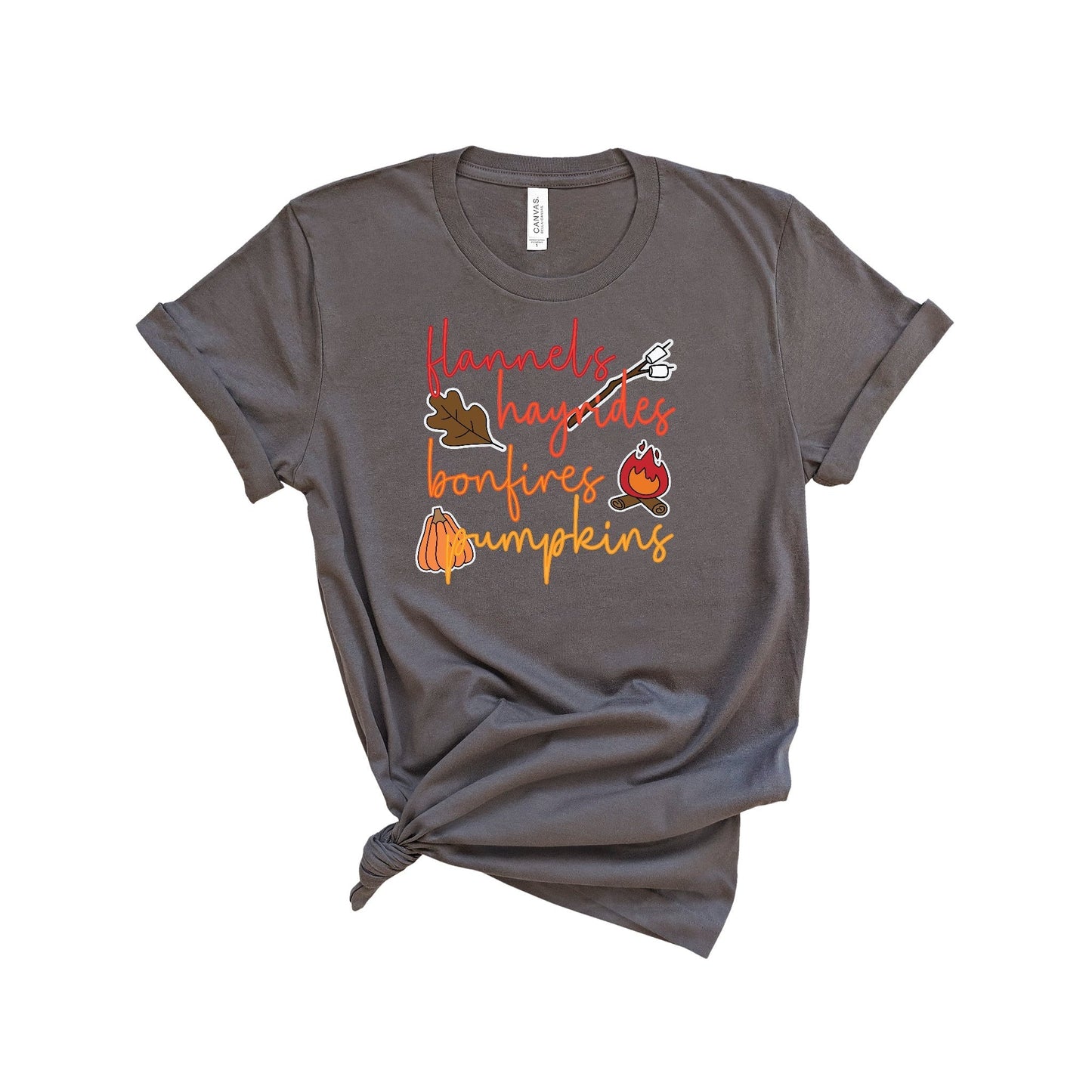 Flannels Hayrides Bonfires Pumpkins Shirt, Rainbow Font Shirt, Fall Shirt, Womens Fall Shirt, Thanksgiving Shirt, Pumpkin Shirt, Autumn Tee T-Shirt