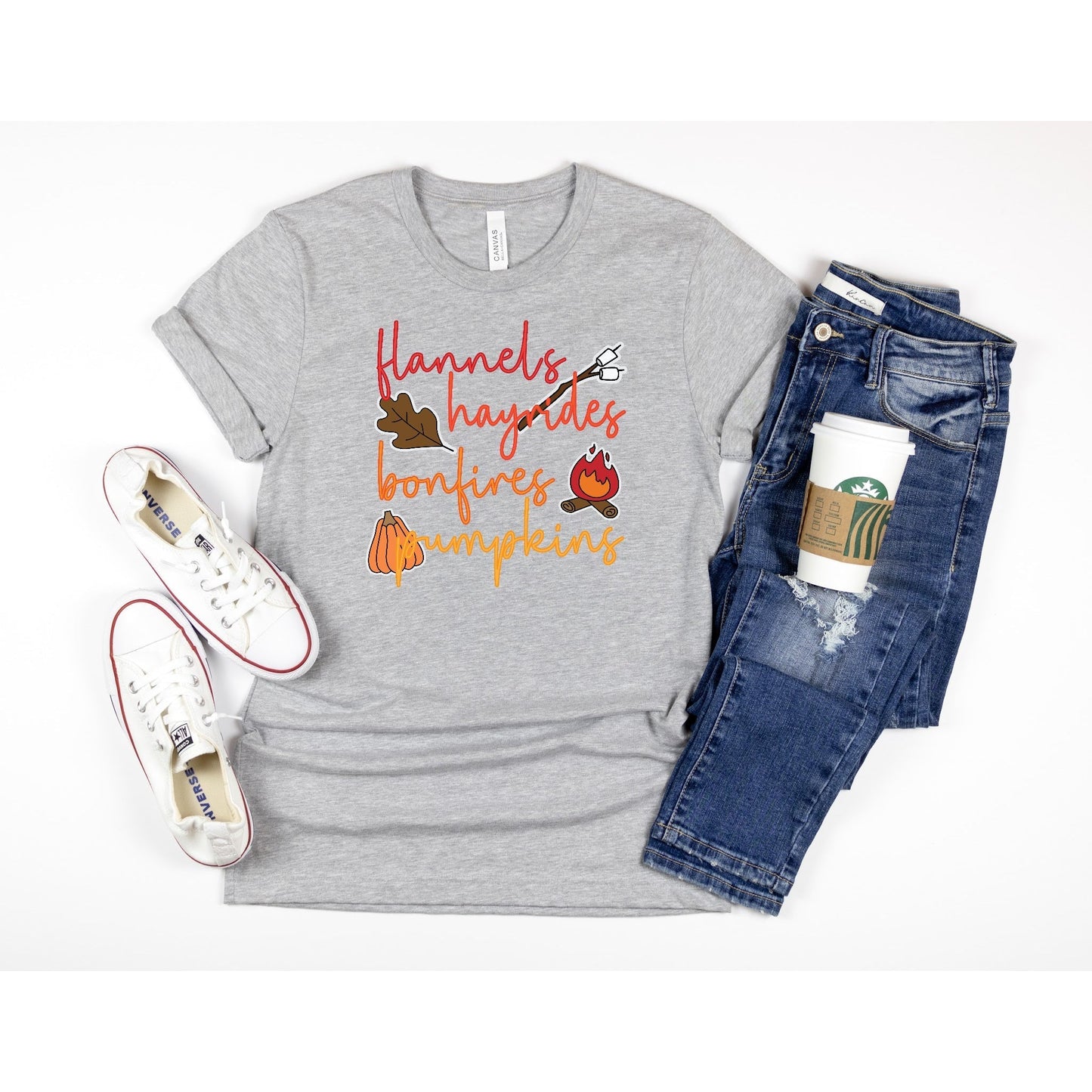 Flannels Hayrides Bonfires Pumpkins Shirt, Rainbow Font Shirt, Fall Shirt, Womens Fall Shirt, Thanksgiving Shirt, Pumpkin Shirt, Autumn Tee T-Shirt