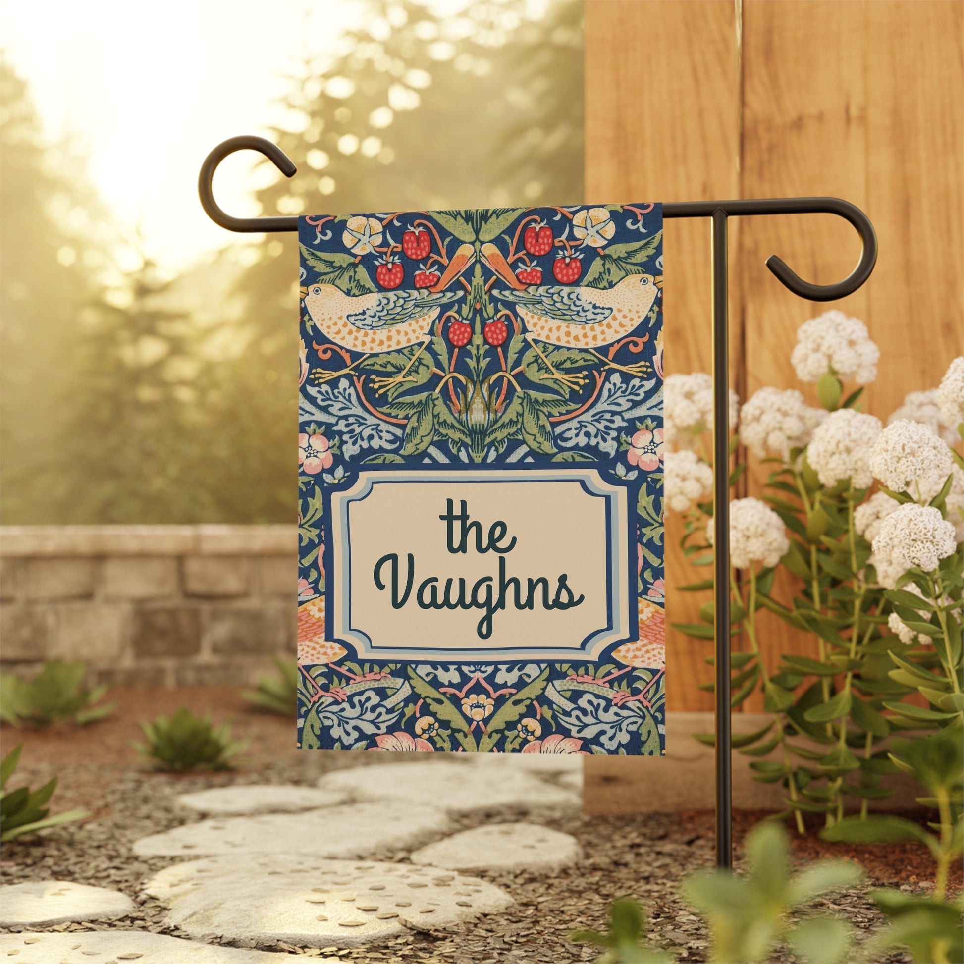 William Morris Strawberry Thief Patterned Personalized Garden Flag - Premium Home Decor - Just $21.50! Shop now at Nine Thirty Nine Design