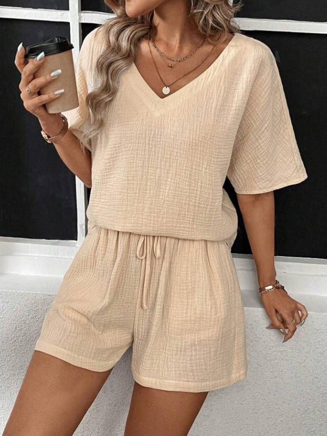 V-Neck Half Sleeve Top and Shorts Set - Premium  - Just $28! Shop now at Nine Thirty Nine Design