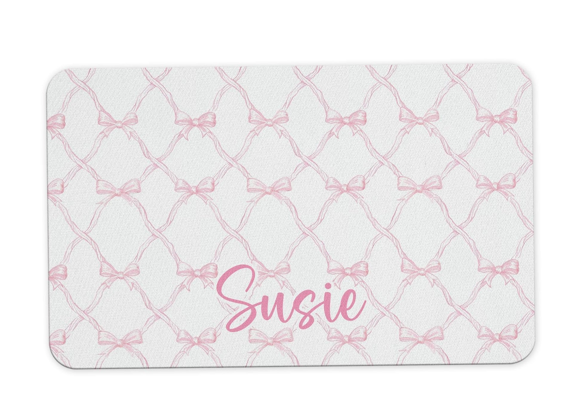 Personalized Dog Food Mat with Blue Hydrangea and Coquette Bow Patterns 