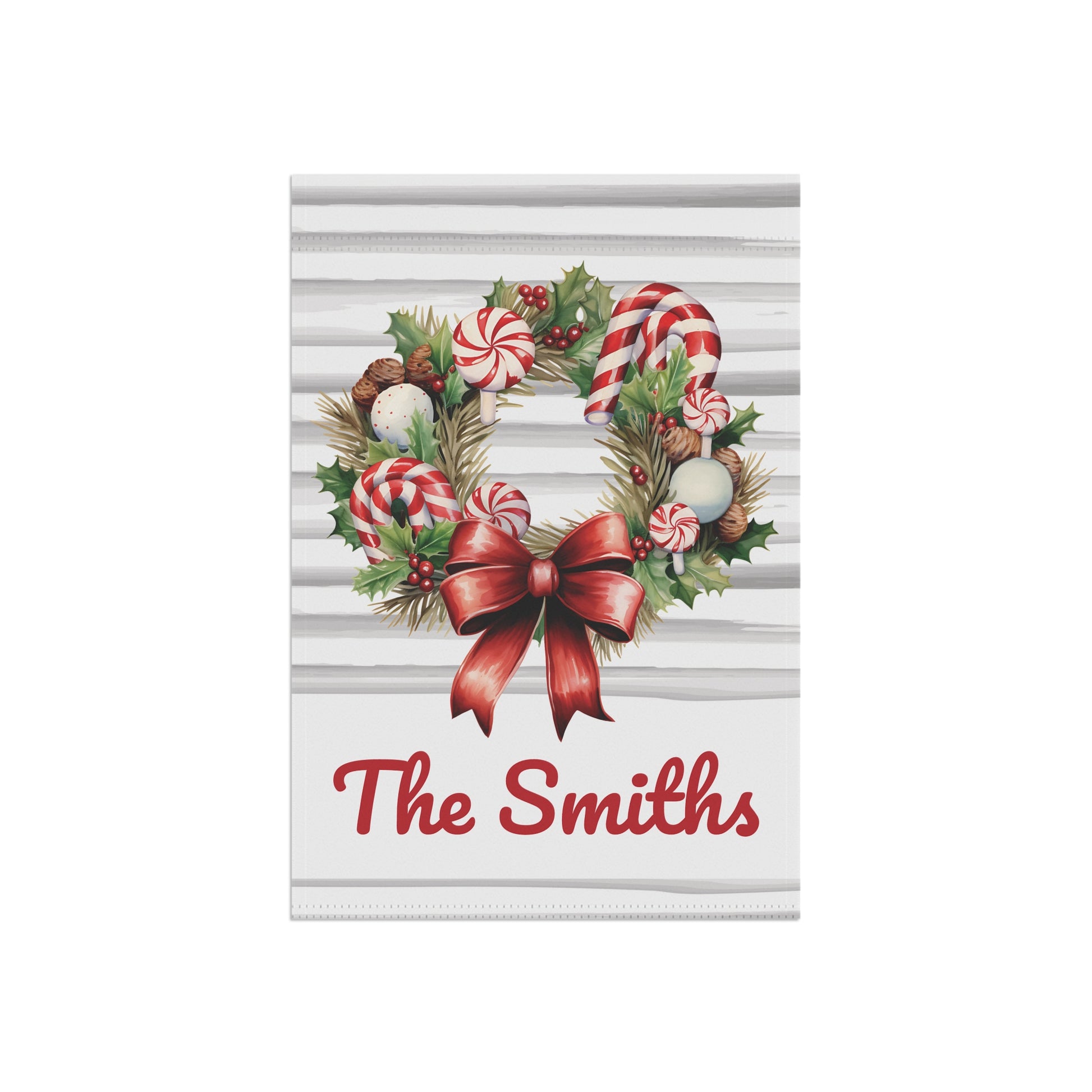 Candy Cane Wreath Personalized Winter Garden Flag - Premium Home Decor - Just $21.50! Shop now at Nine Thirty Nine Design