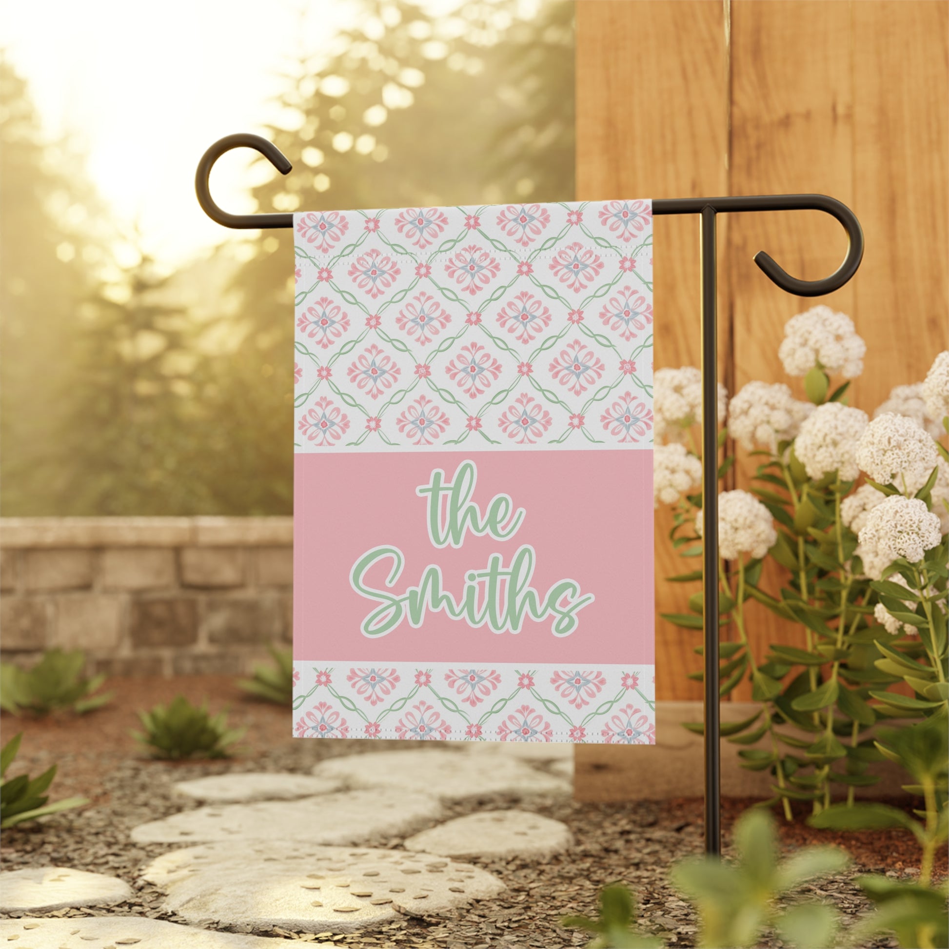 Pink and Green Mosaic Personalized Garden Flag Home Decor