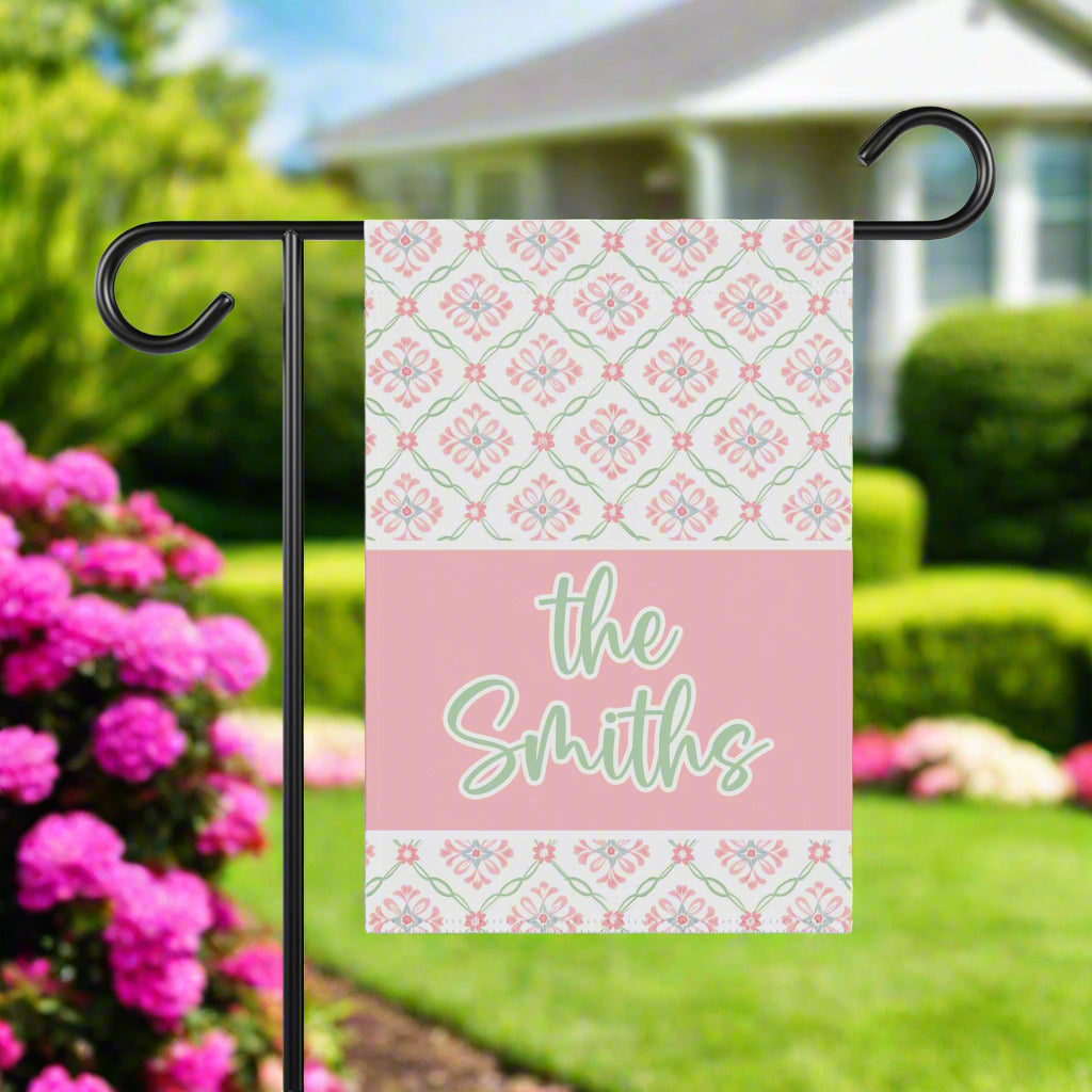 Pink and Green Mosaic Personalized Garden Flag Home Decor