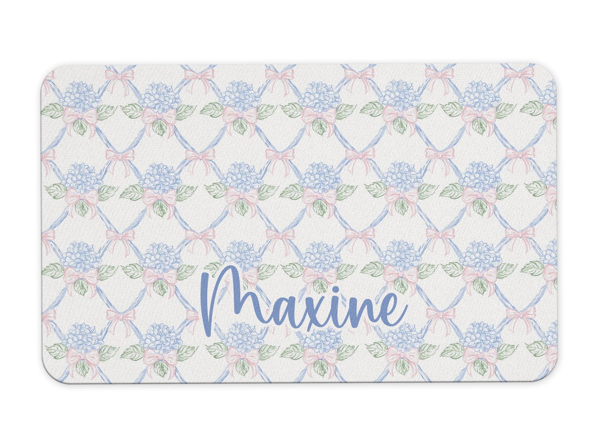Personalized Dog Food Mat with Blue Hydrangea and Coquette Bow Patterns 