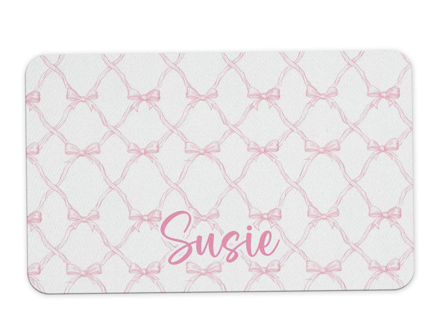 Name Desk Pad, Personalized Mouse Pad, Blue Hydrangea, Pink Bow Coquette Desk Office Decor, Large Desk Blotter,  Mousepad, Office Gifts 