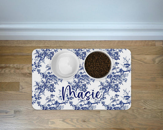 Personalized Pet Food Mat with Blue Toile Chinoiserie Pattern 