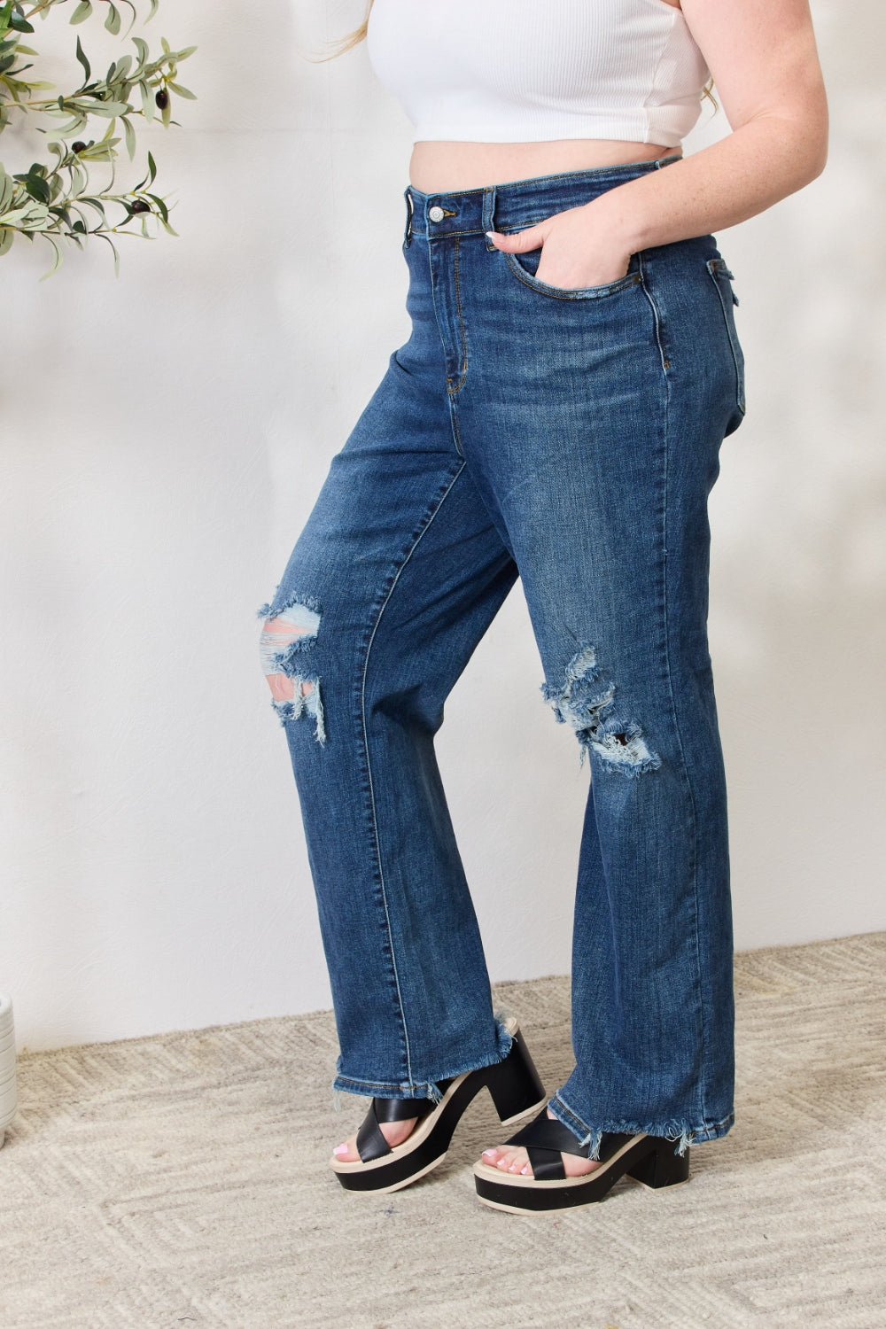 Judy Blue Full Size High Waist 90's Distressed Straight Jeans 