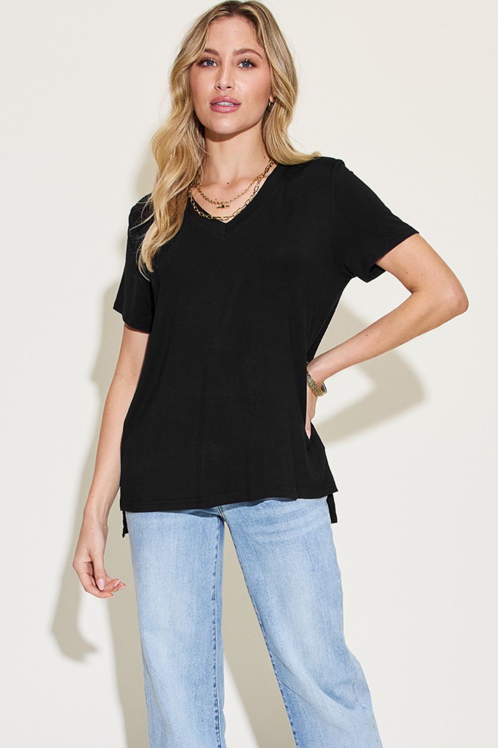 Basic Bae Full Size V-Neck High-Low T-Shirt - Premium  - Just $19! Shop now at Nine Thirty Nine Design