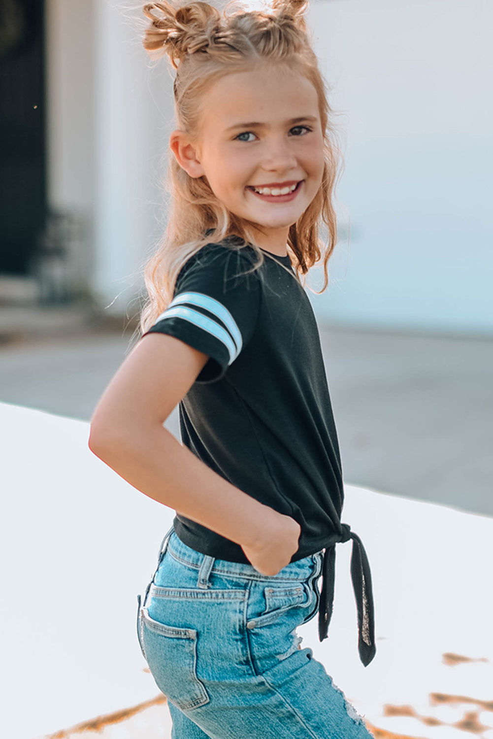 Girls Striped Tie Front T-Shirt 