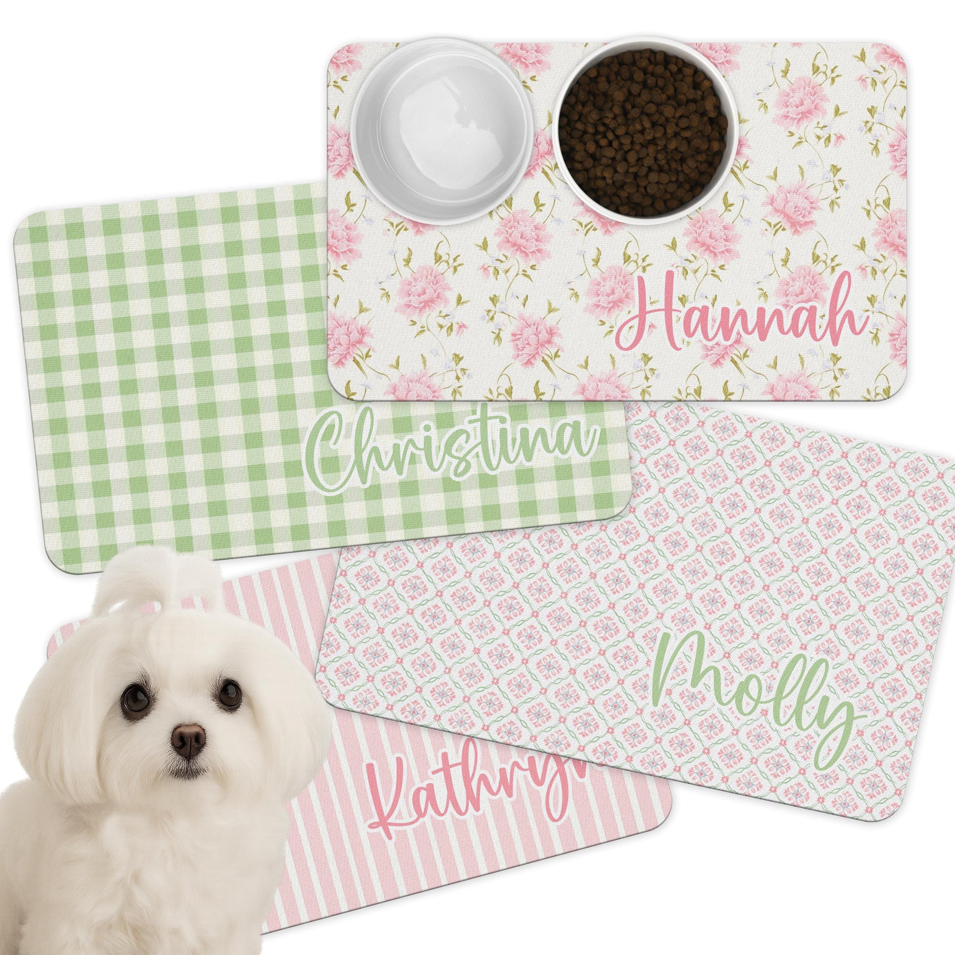 Personalized Pet Food Mat with Pink Bow Coquette Stripes Placemat 