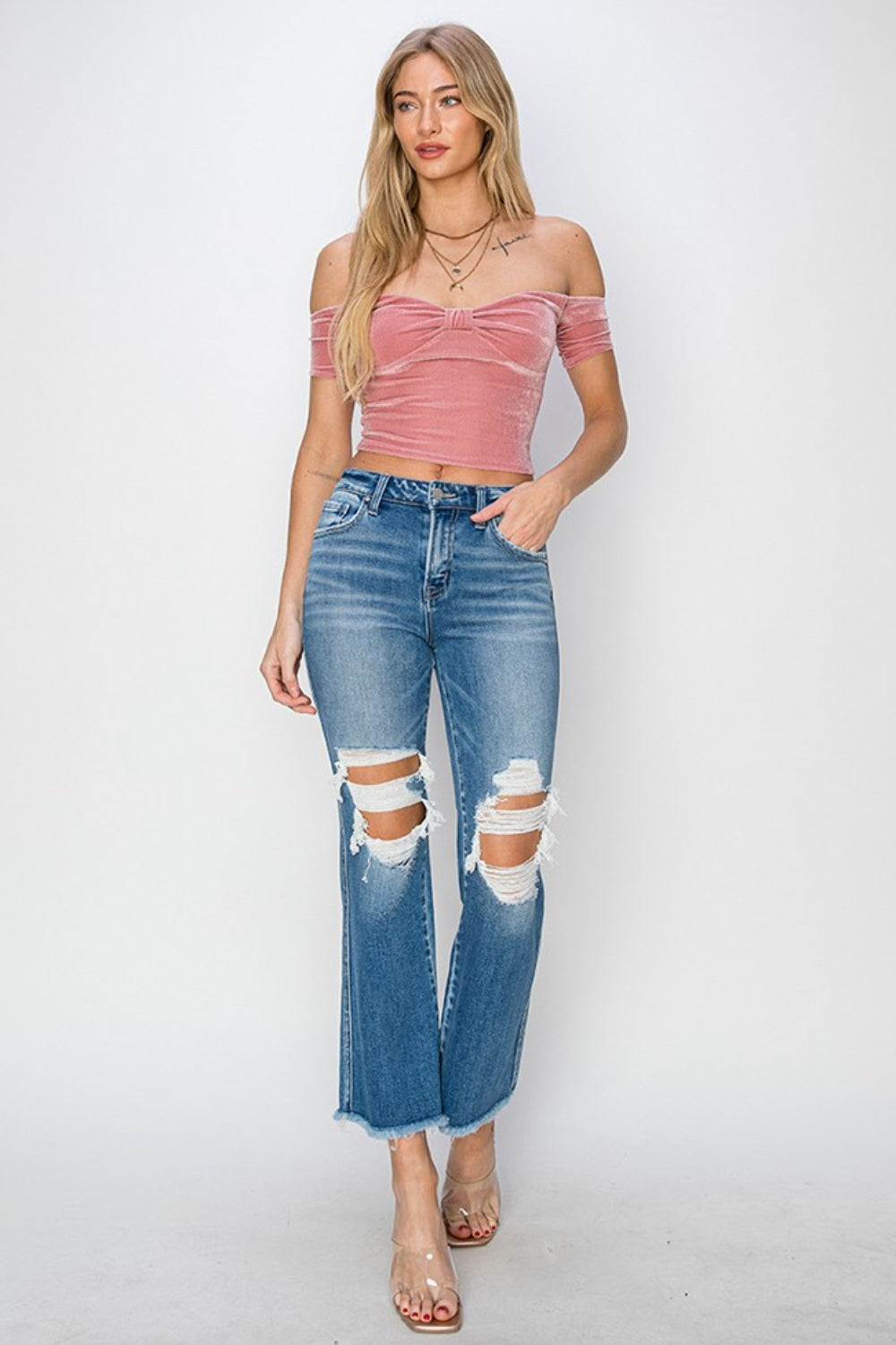 RISEN Mid Rise Distressed Cropped Flare Jeans - Premium  - Just $63.62! Shop now at Nine Thirty Nine Design