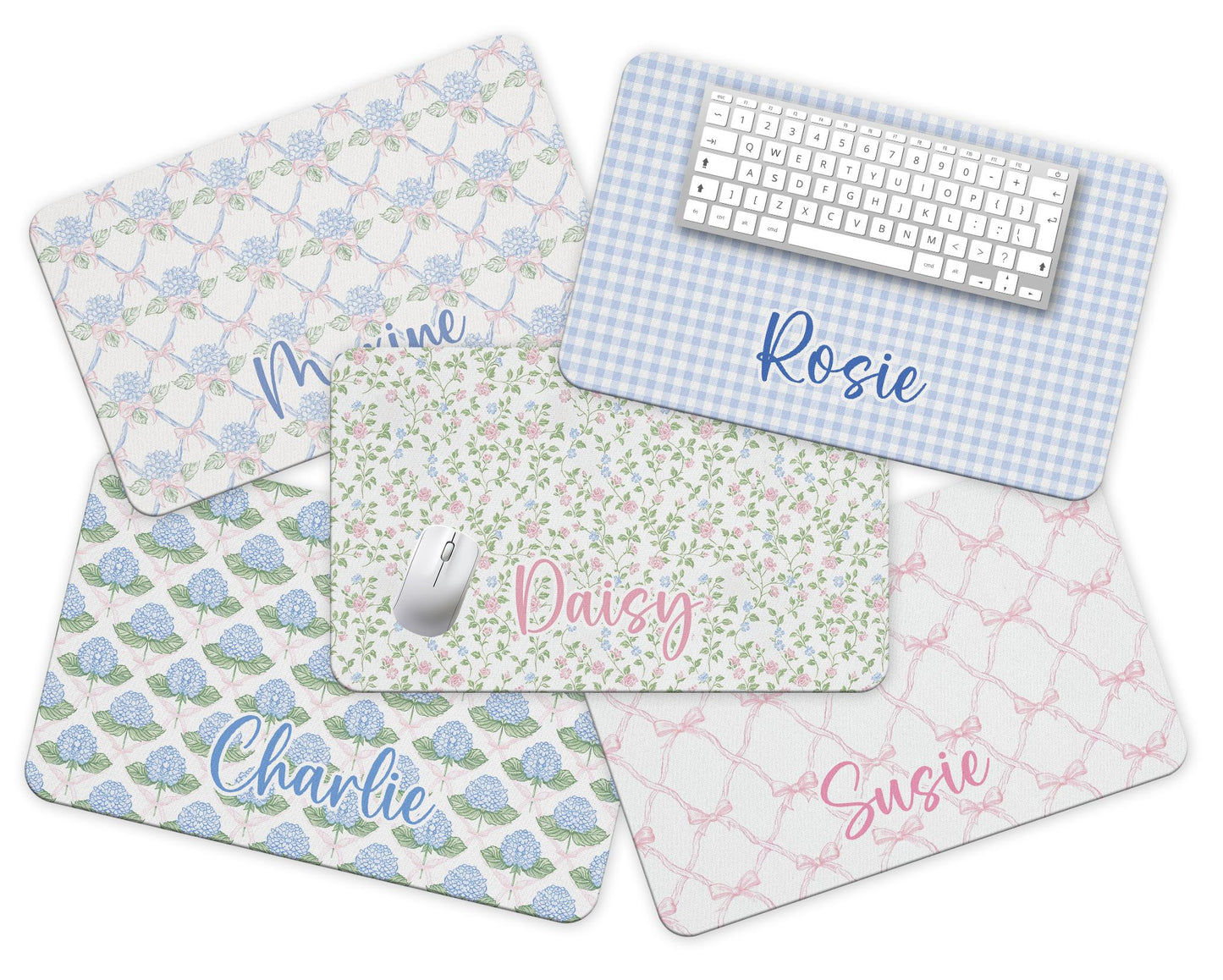 Name Desk Pad, Personalized Mouse Pad, Blue Hydrangea, Pink Bow Coquette Desk Office Decor, Large Desk Blotter,  Mousepad, Office Gifts 