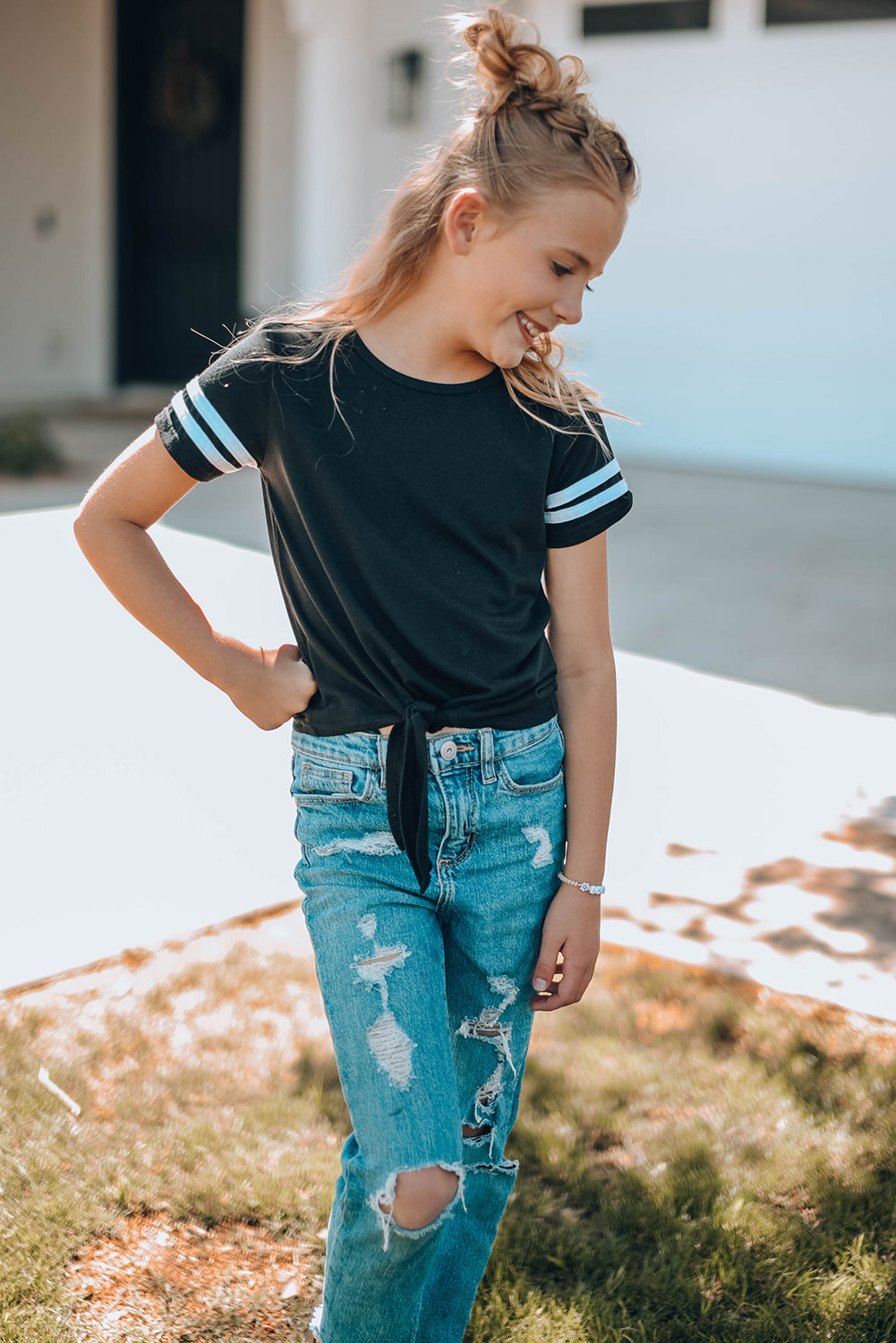 Girls Striped Tie Front T-Shirt 