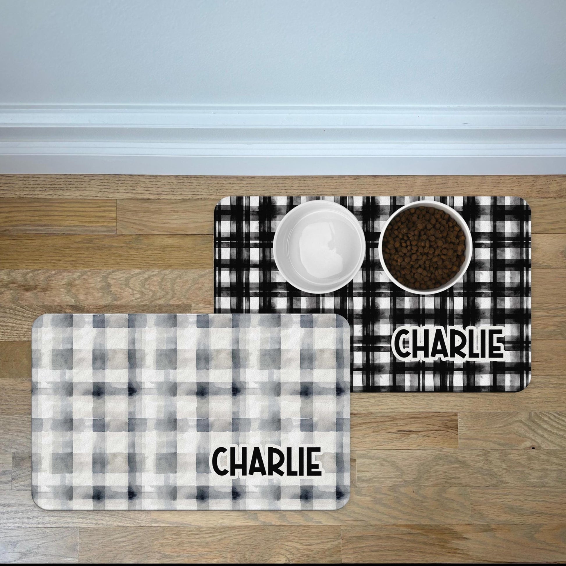 Personalized Pet Food Mat with Black or Gray Plaid Design 
