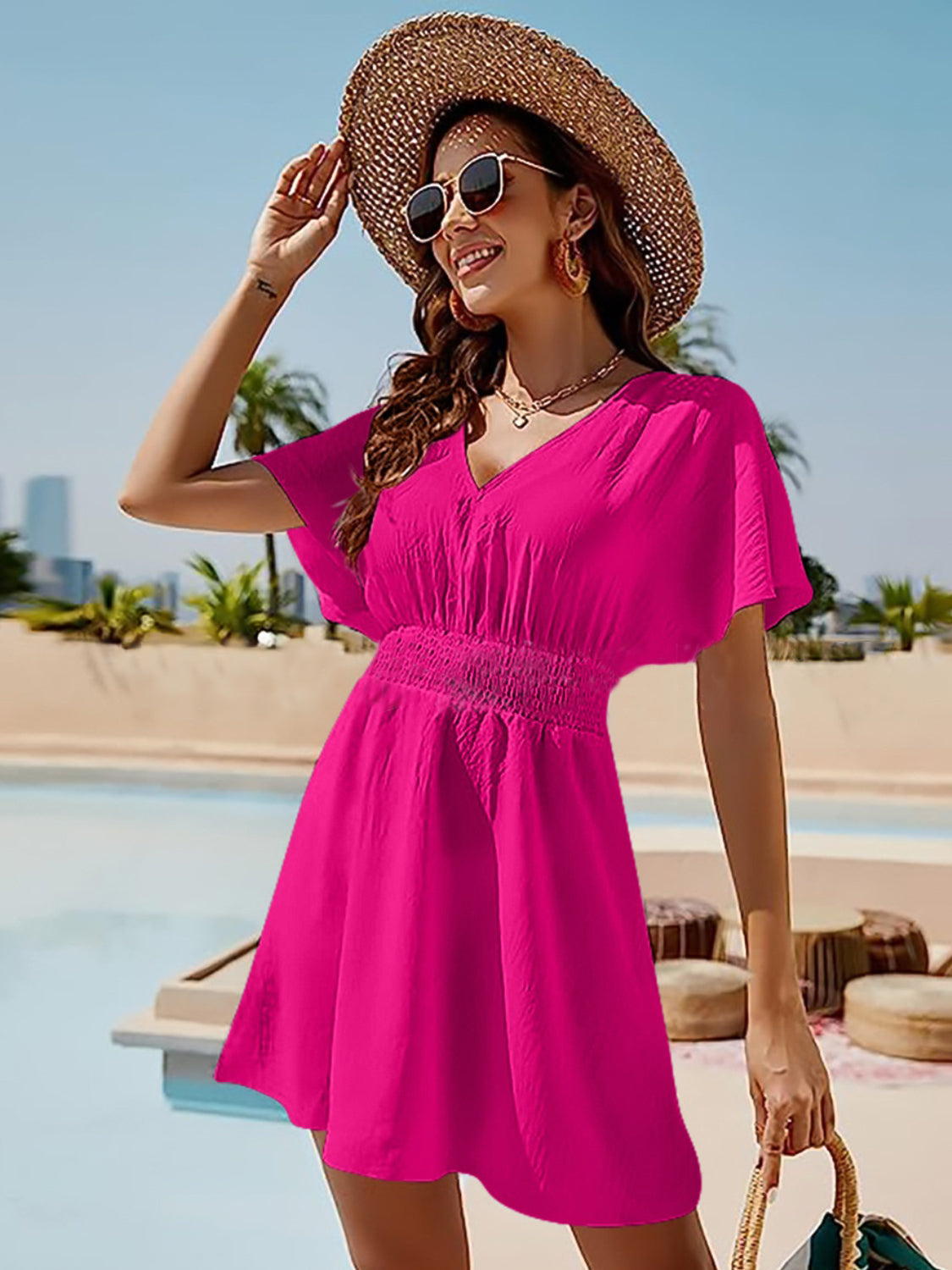 Smocked V-Neck Short Sleeve Dress 